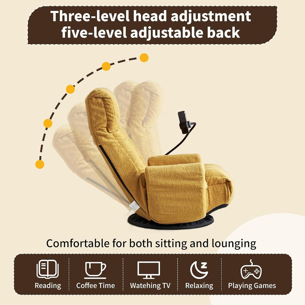 Swivel Lazy Floor Chair, Adjustable Reclining Floor Lounger with Head & Back Support and Phone Holder, Comfy Tatami Sofa Seat for Adults Bedroom & Gaming