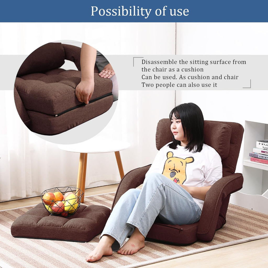 42-Position Adjustable Floor Chair, Chaise Lounge Chair Indoor,Comfy Folding Lazy Sofa Chair for Adults with Armrests and a Pillow Padded,Gaming Chairs for Living Room,Bedroom,Fabric,Brown