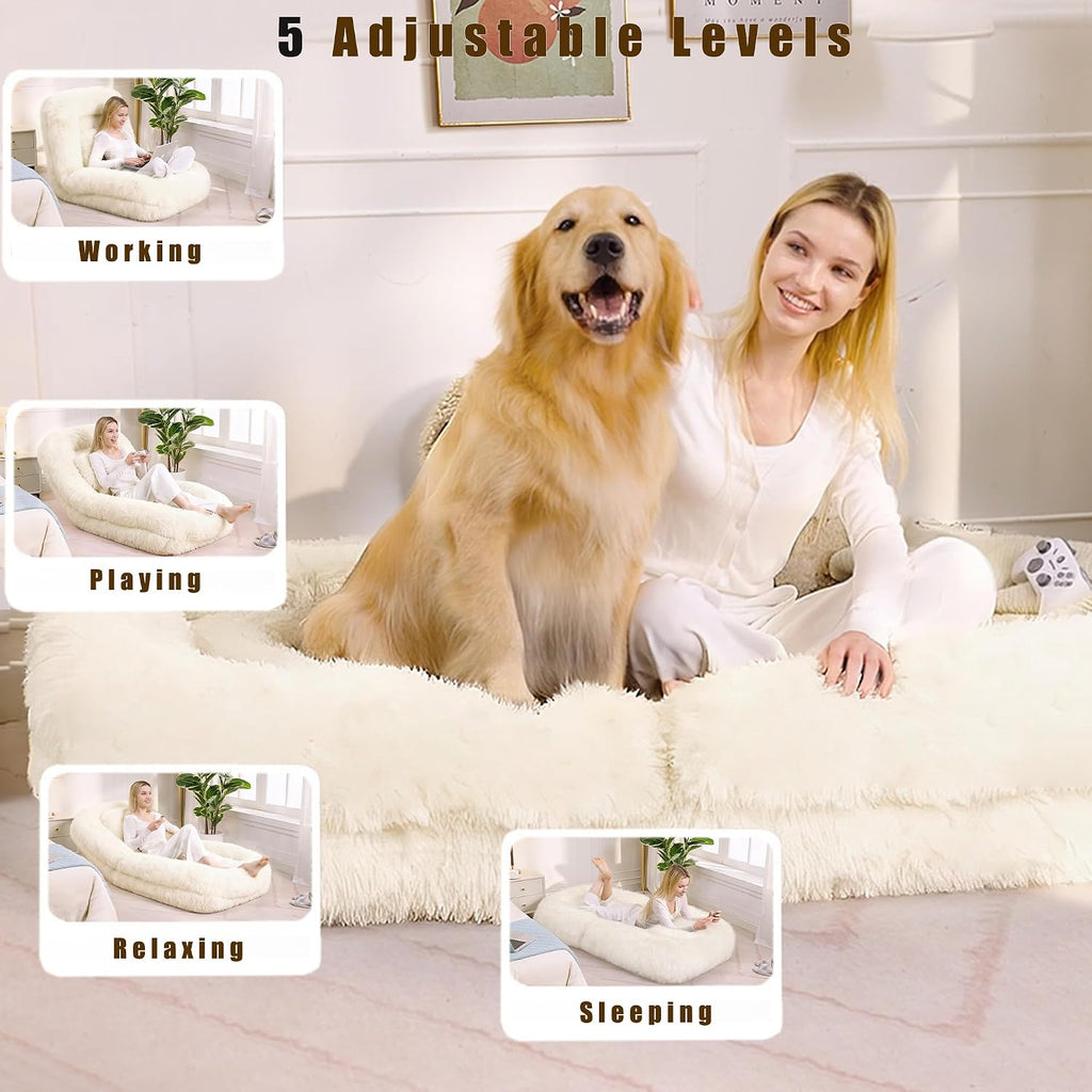 Floor Chair with Back Support, Human Dog Bed with 5 Adjustable Position, Convertible Lazy Floor Lounger, Comfy Gaming Chair, Plush Folding Sofa Bed for Adult, Living Room, Bedroom, Cream Beige