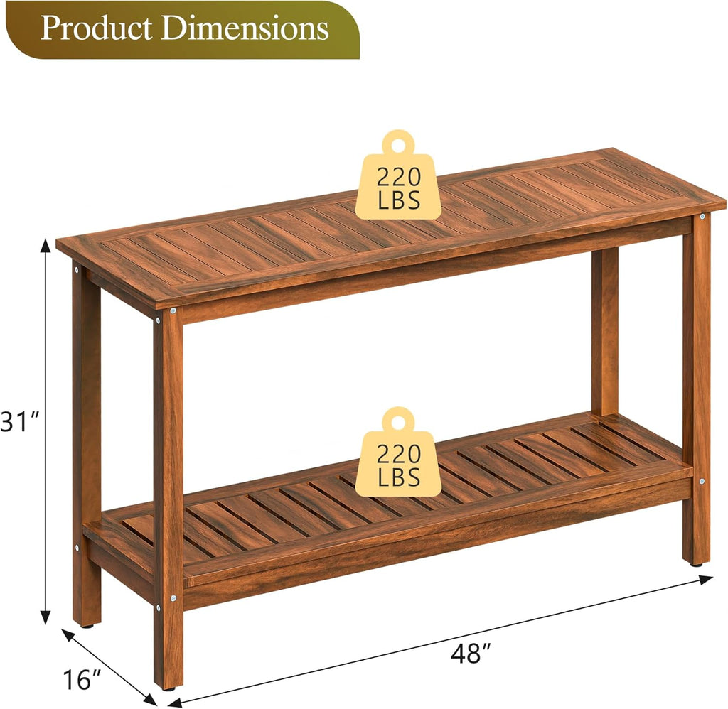 SUPER DEAL 2-Tier Solid Wood Side Table, Outdoor Console Table with Storage Shelf, Adjustable Feet Buffet Bar Organizer for Patio Porch, All-Weather Natural