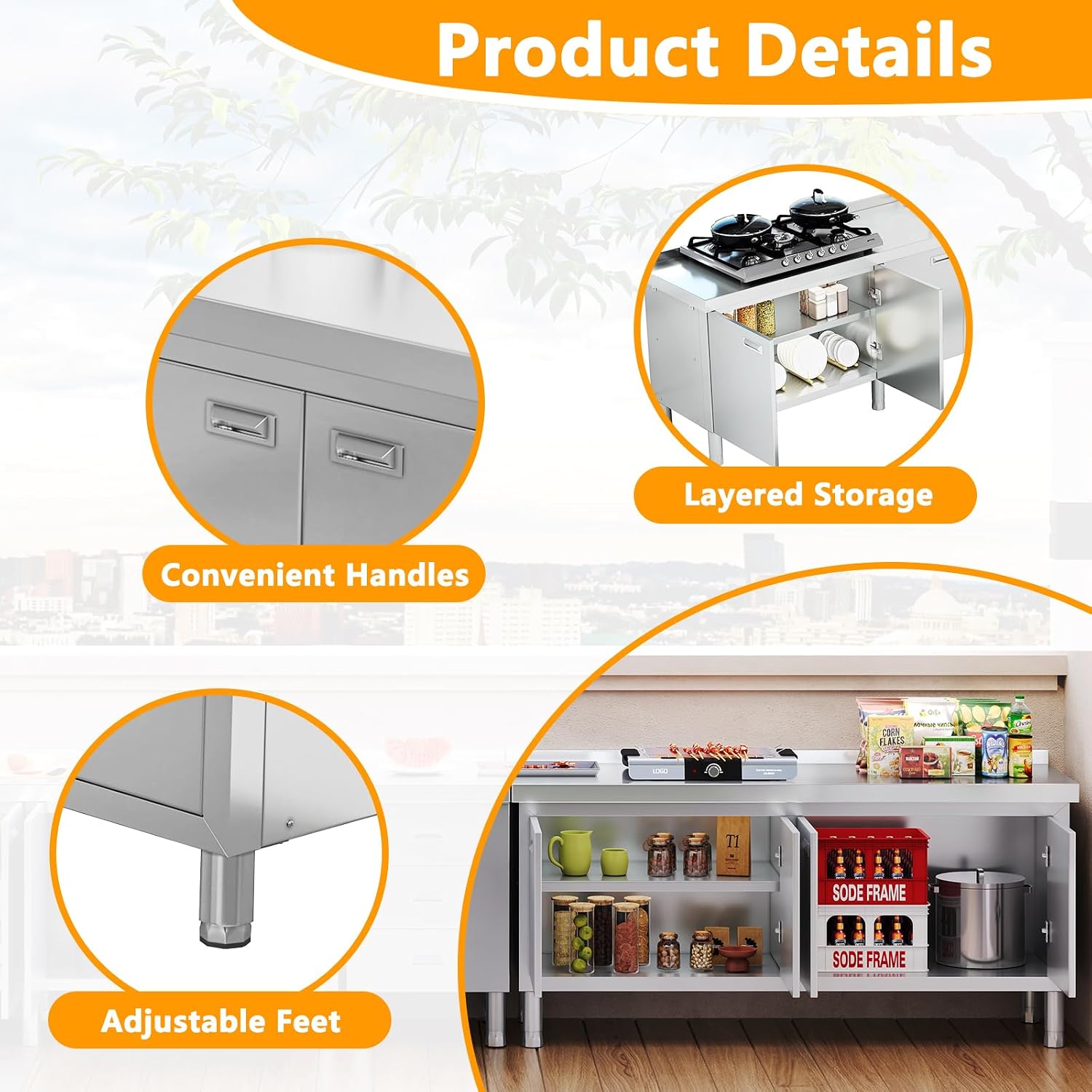 WWK 59' x 21' Stainless Steel Prep Table with Cabinet, Commercial Kitchen Table for Prep & Work, Heavy Duty Work Table with 4 Doors for Kitchen, Restaurant, Hotel, Garage and Cafe