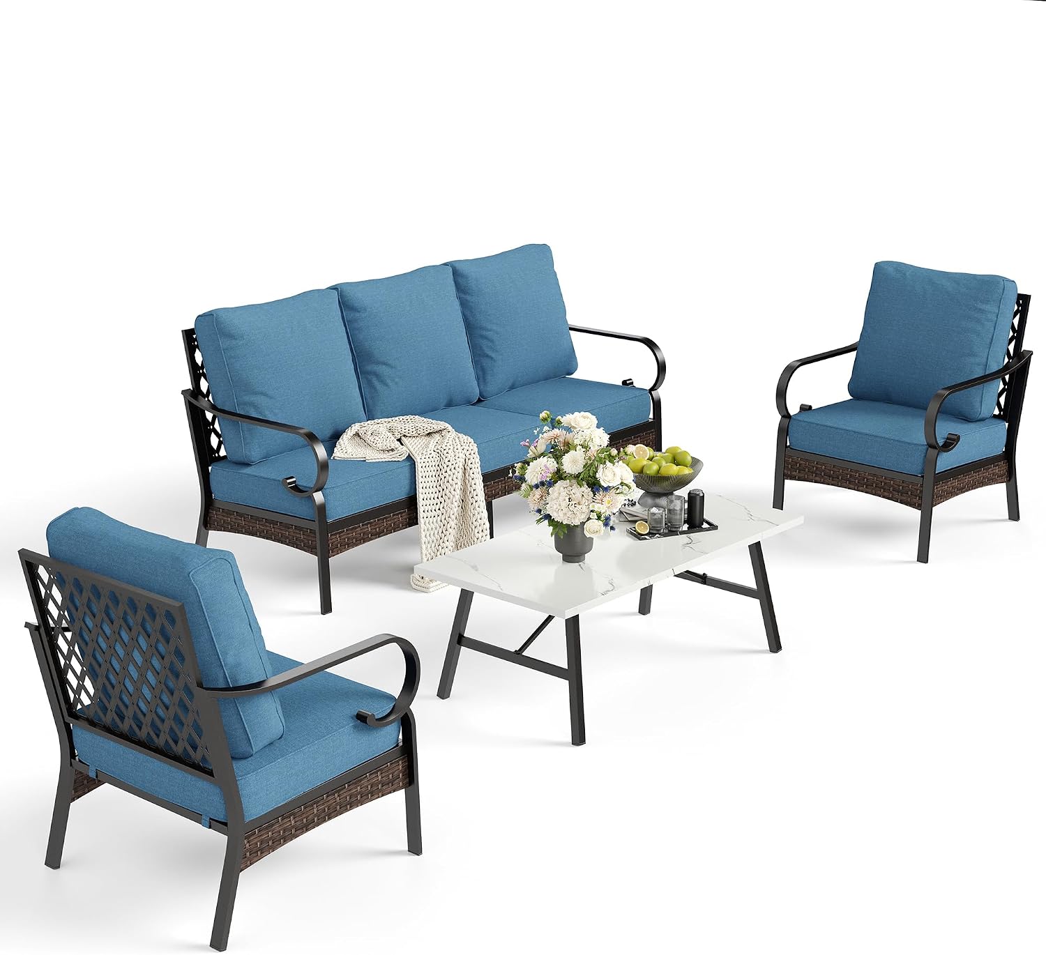 SUNSHINE VALLEY 4 Piece Metal Outdoor Patio Furniture Set, Patio Conversation Sets 1 3-Seater Sofa, 2 Chairs with 5.75' Extra Thick Cushion and Coffee Table, Black Frame Backyard Furniture, Denim Blue