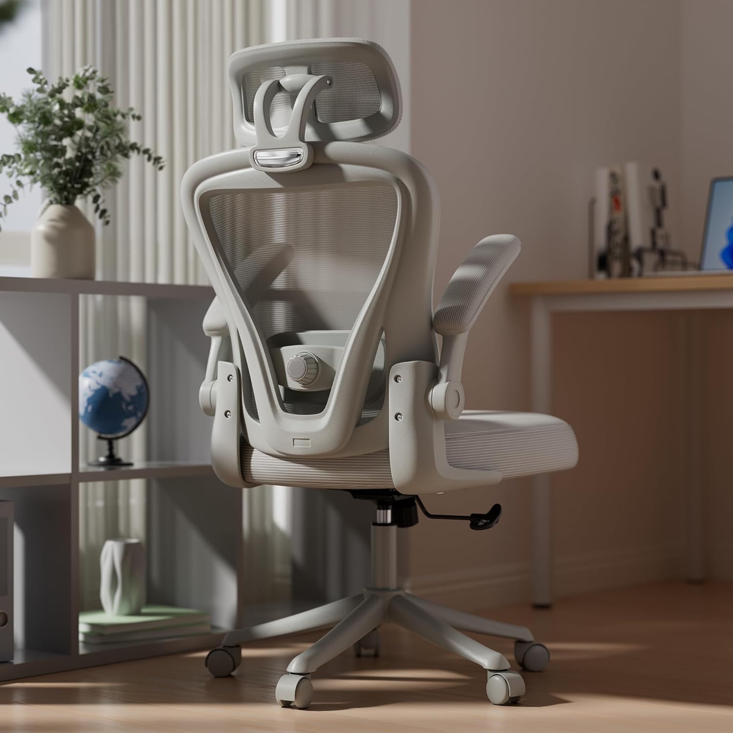 SeekFancy Ergonomic Office Chair M903, Computer Desk Chair with Wheels, High Back Mesh Office Chair with Adjustable Lumbar Support, Headrest, Flip-Up Armrests, All Grey