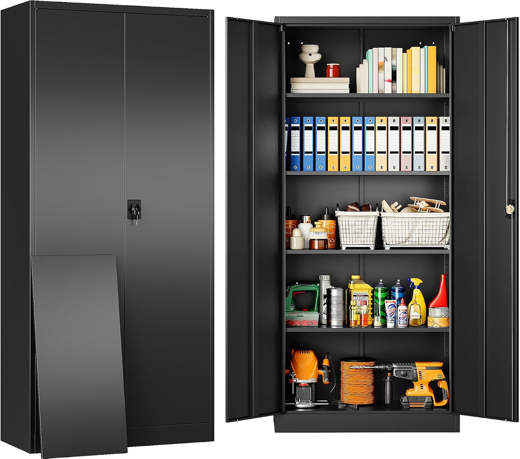 SISESOL Metal Storage Cabinet with 2 Doors and 5 Shelves,71' Lockable Garage Storage Cabinet,Black Metal Cabinets with Lock,Locking Steel Cabinets for Home,Office,Garage,Shop,School