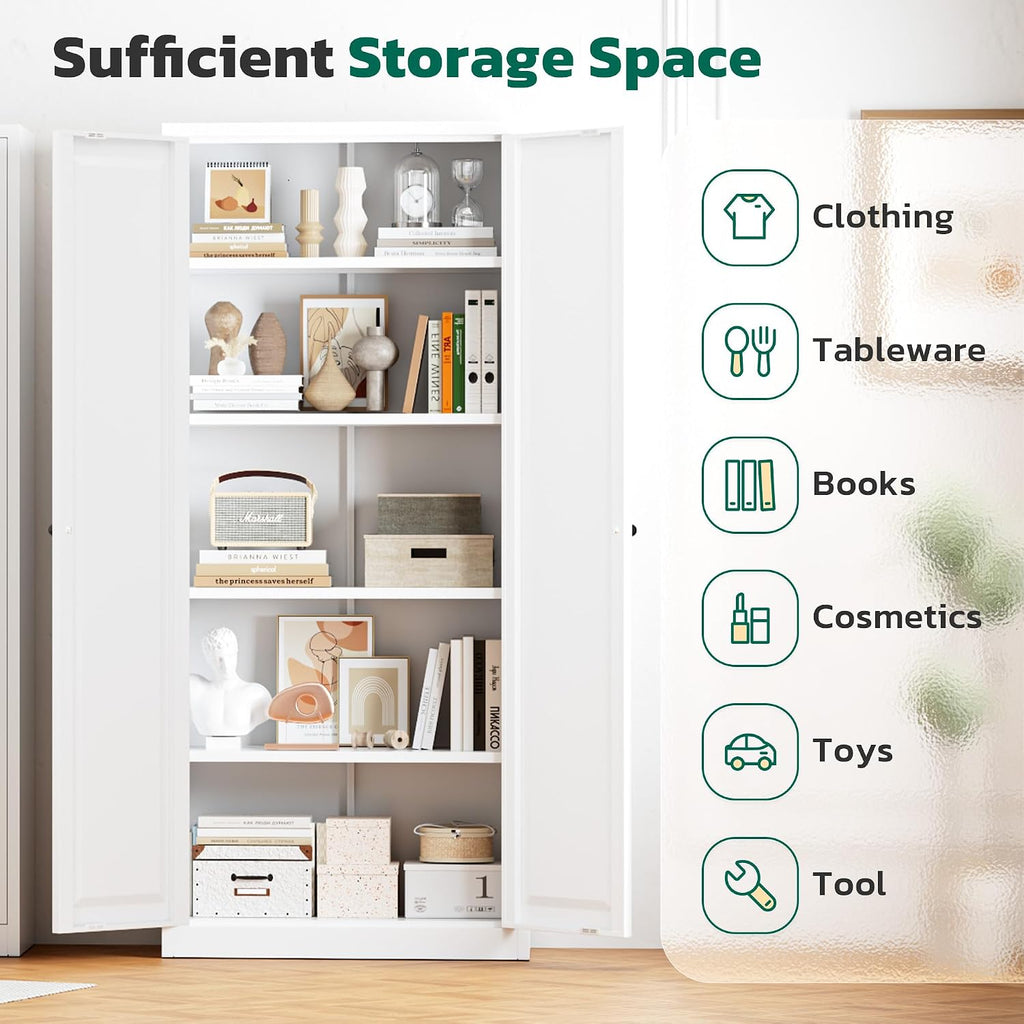 Greenvelly Metal Cabinet, 63' H White Metal Storage Cabinet with Doors and 4 Shelves, Pantry Storage Cabinet for Kitchen, Bedroom, Living Room, Office (Modern)