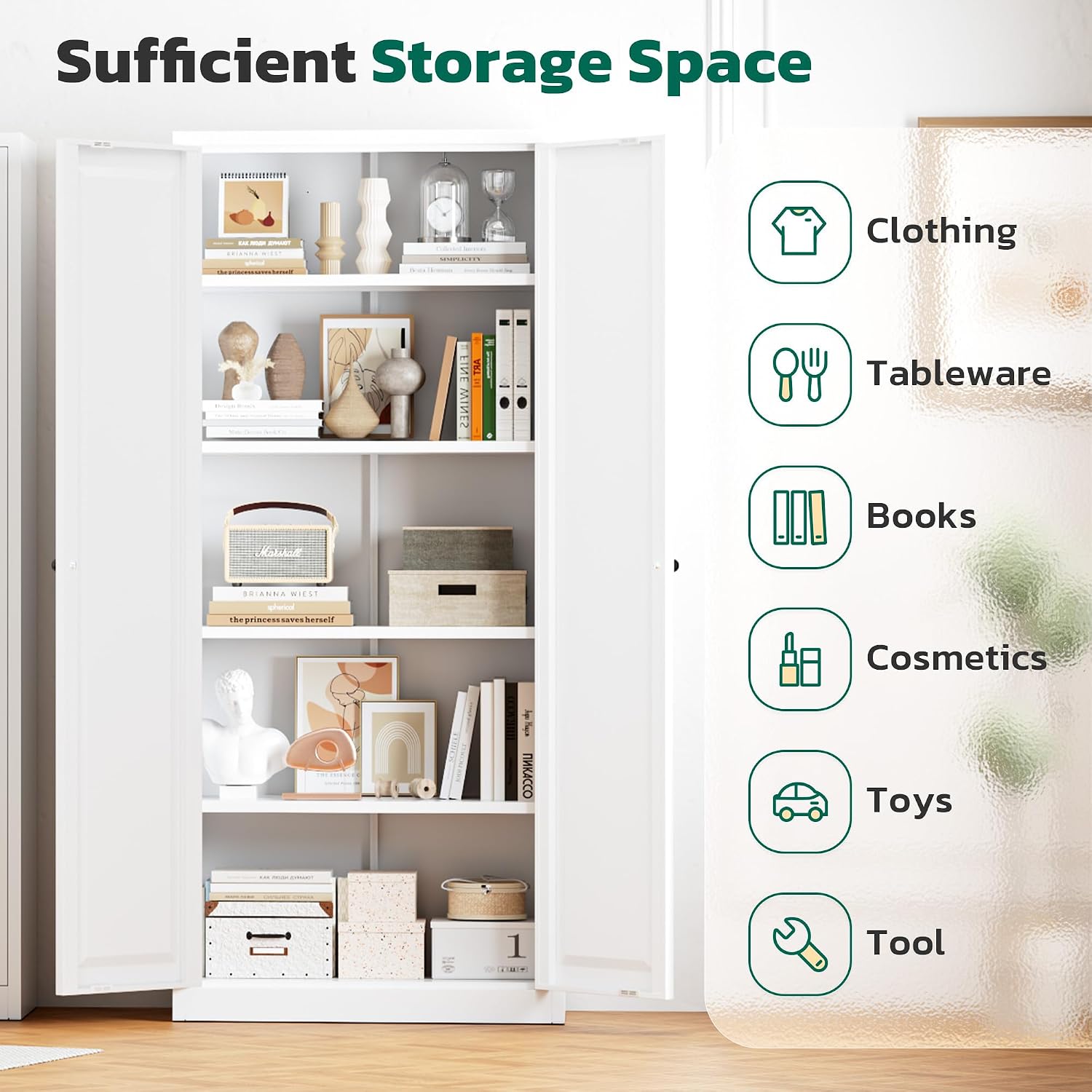 Greenvelly Metal Cabinet, 63' H White Metal Storage Cabinet with Doors and 4 Shelves, Pantry Storage Cabinet for Kitchen, Bedroom, Living Room, Office (Modern)