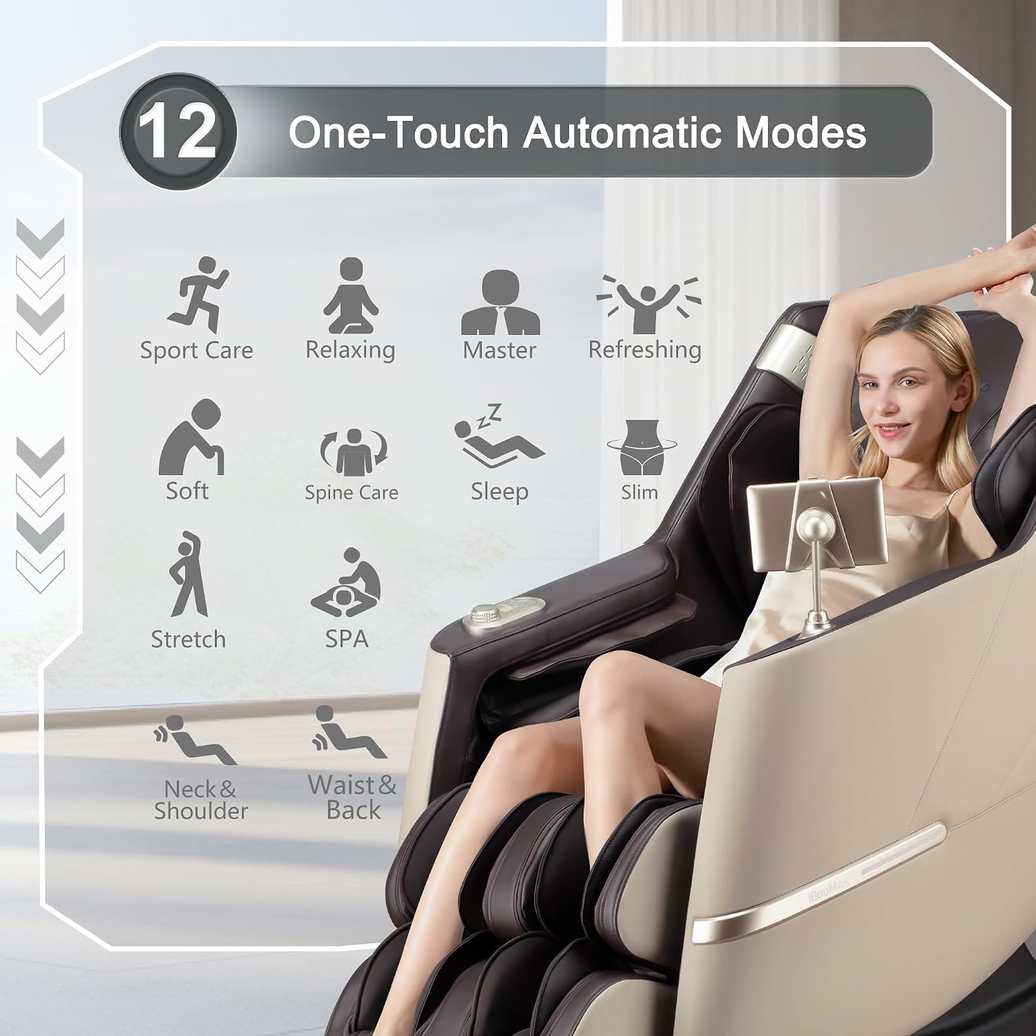 iBooMas Massage Chair, 2026 SL-Track Zero Gravity Shiatsu Massage Chairs Full Body and Recliner, 12+6 Modes, Body Scan, APP, Foot Rollers, Heat Therapy, Airbags, Bluetooth, Thai Stretch (Beige& Brown)