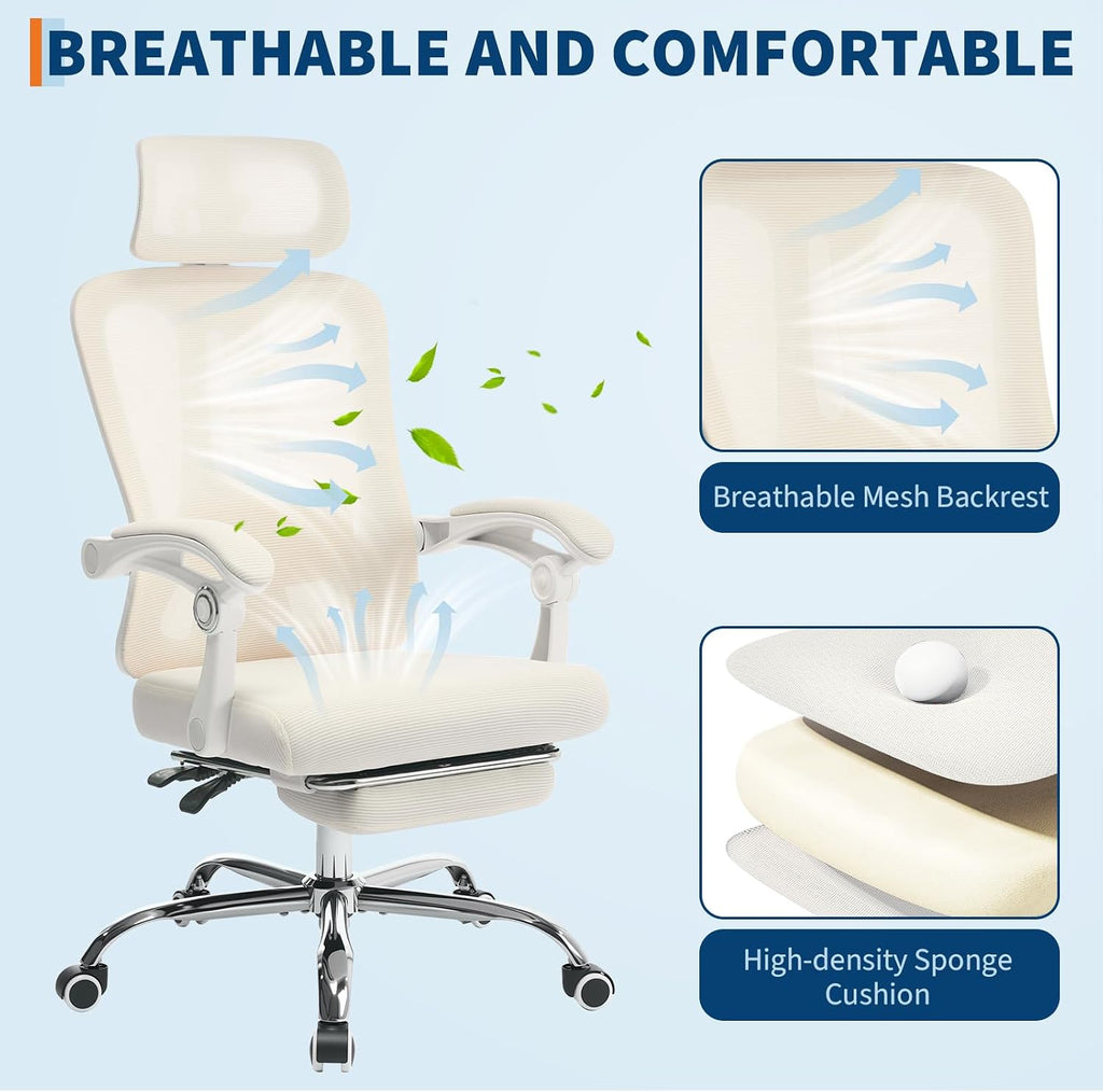 Mesh Ergonomic Office Chair with Footrest, Home Office Computer Desk Chair with Adjustable Headrest and Backrest, Comfortable Lumbar Support, Executive Desk Chair with Wheels 360 Swivel, Beige