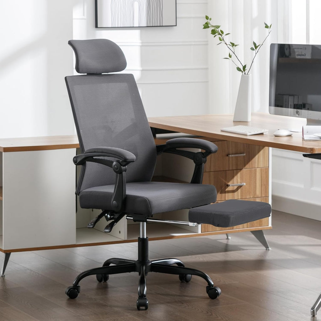 Qulomvs Mesh Ergonomic Office Chair with Footrest Home Office Desk Chair with Headrest and Backrest Adjustable Computer Executive Desk Chair with Wheels 360 Swivel Task Chair
