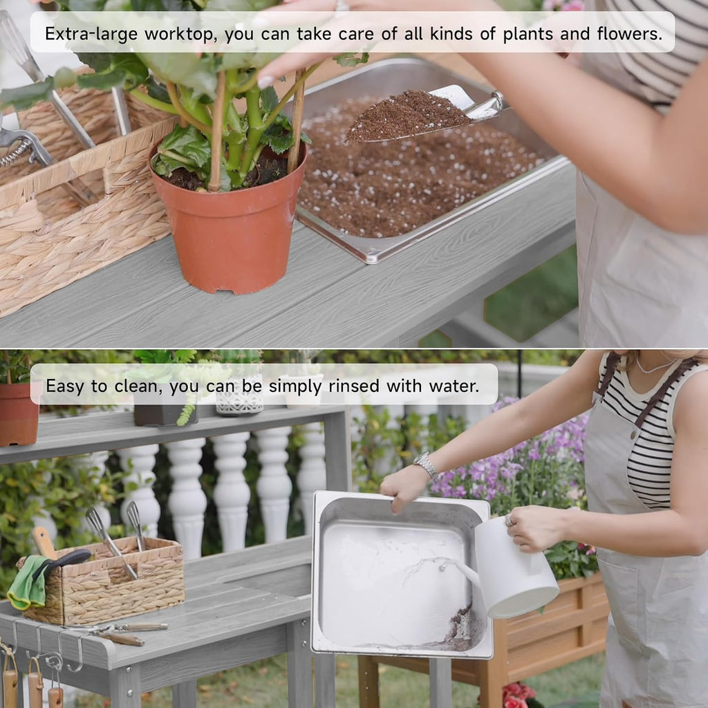 ONBRILL Potting Bench, Outdoor Potting Bench Table with Removable Sink, HDPS Potting Benches for Outside, Garden Table with Storage Shelves & 4 Side Hooks, No Rot, No Fade, No Break, 360lbs Capacity