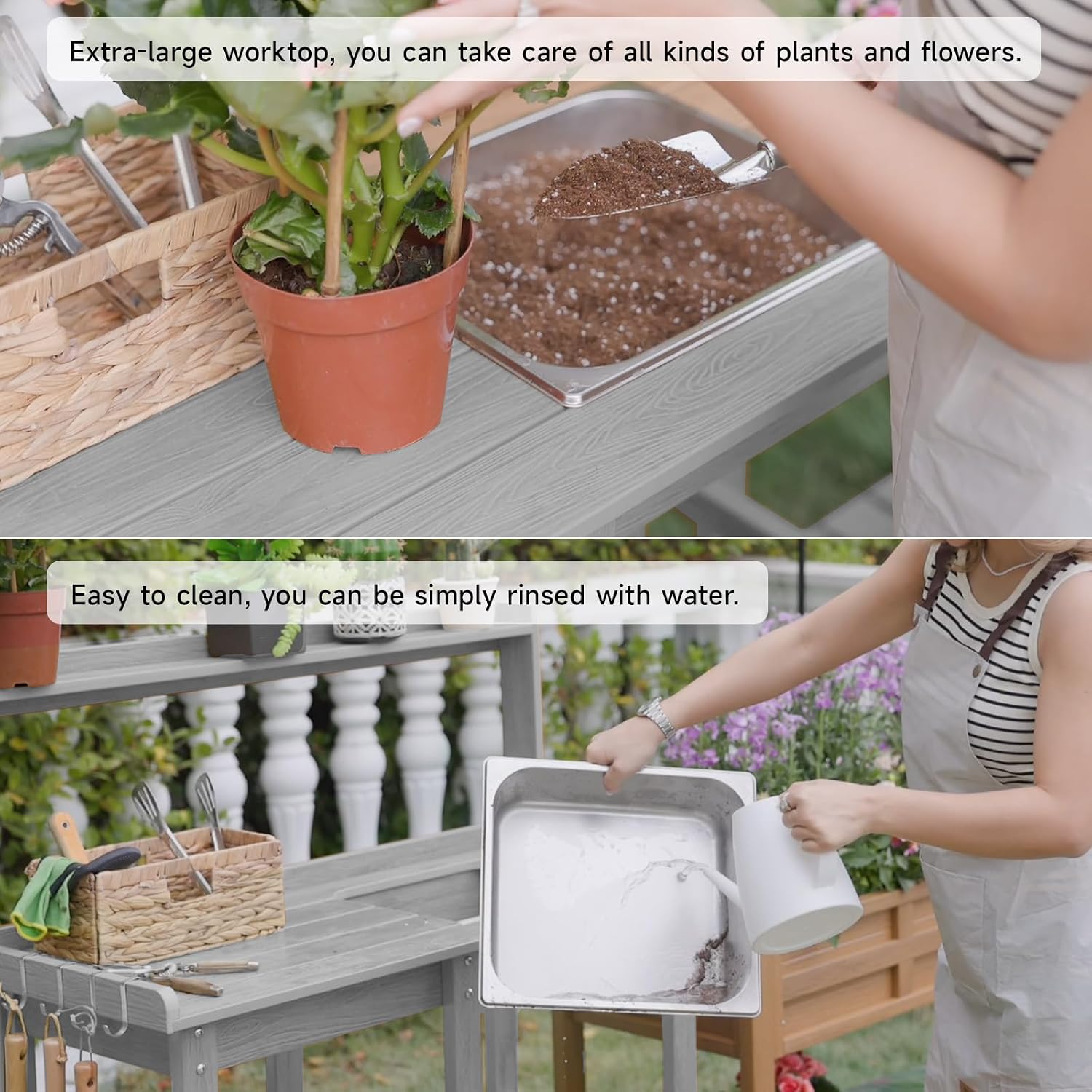 ONBRILL Potting Bench, Outdoor Potting Bench Table with Removable Sink, HDPS Potting Benches for Outside, Garden Table with Storage Shelves & 4 Side Hooks, No Rot, No Fade, No Break, 360lbs Capacity