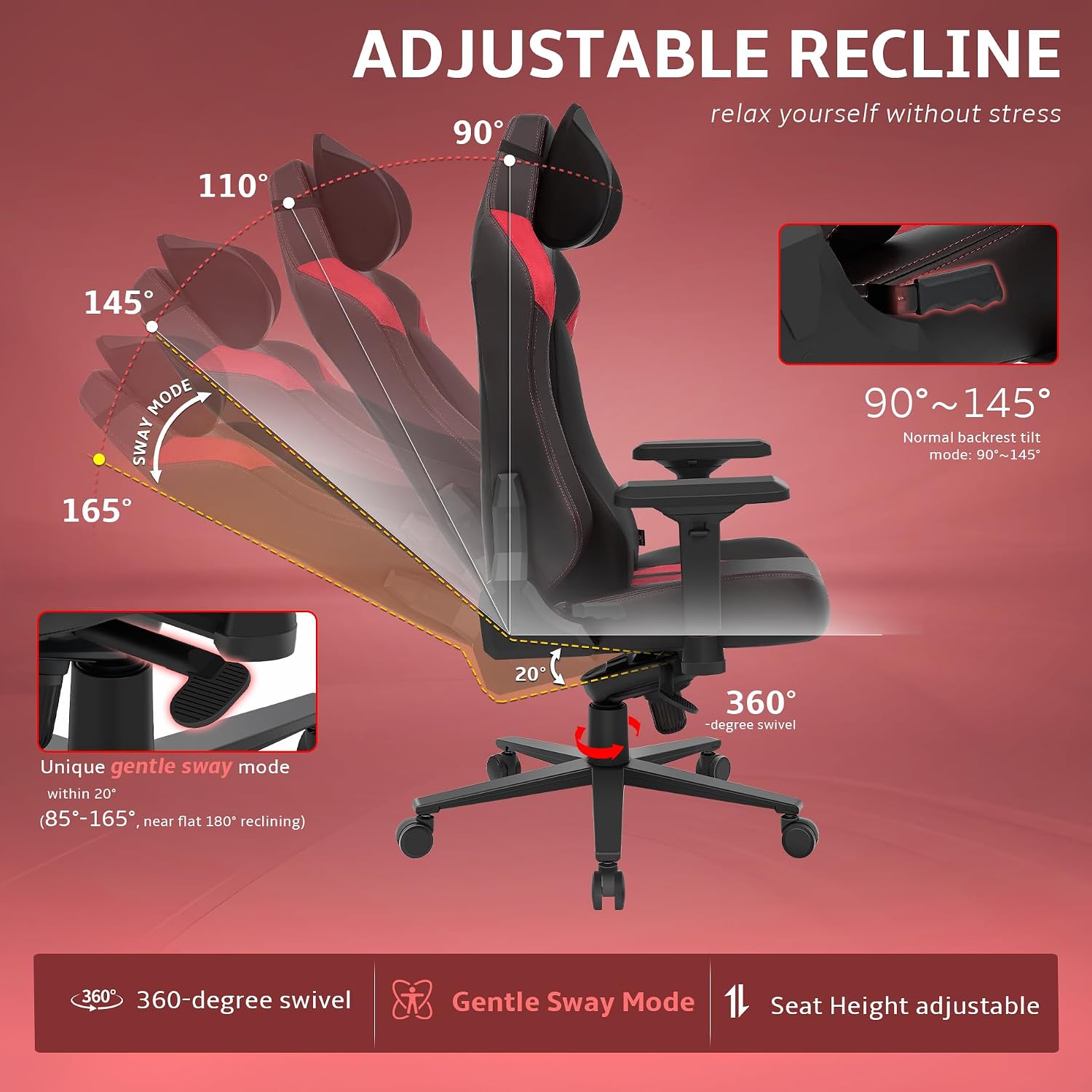 Ergonomic Gaming Chair, Computer Desk Chairs, 4D Armrests, High Back Office Chair with Headrest & Lumbar Pillow, Tilt Rocker Recliner, Heavy-Duty Base, Black PU Leather & Red Suede Combo