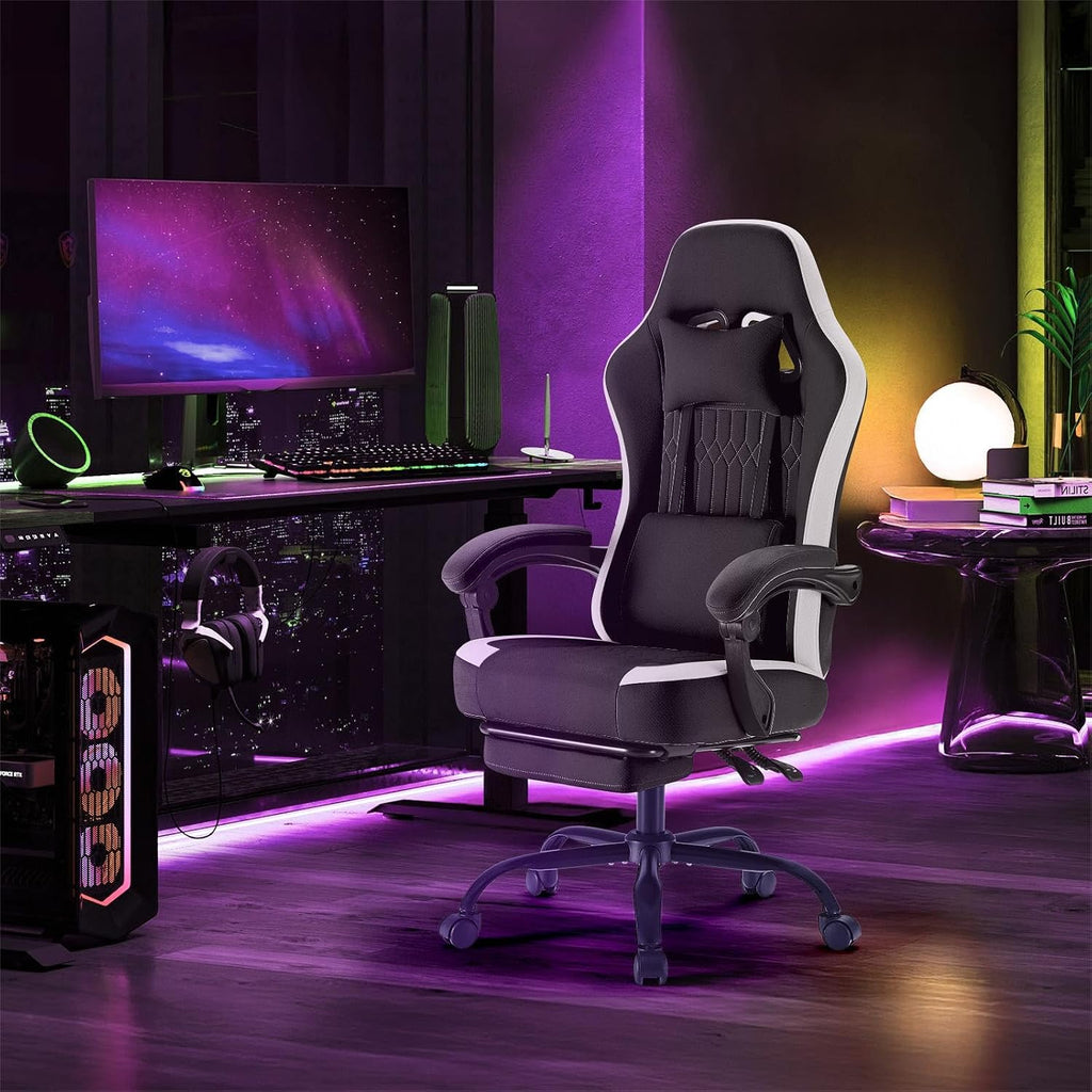 Sweetcrispy Computer Gaming Chair - Ergonomic Desk Chair with Footrest and Lumbar Support, High Back Height Adjustable Task Chair with Linkage Armrests and Headrest, 360° Swivel Wheels, Black