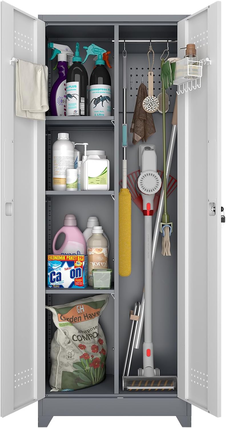 Broom Storage Cabinet, Metal Utility Storage Cabinet with Hanging Rail, 65' Tall Cleaning Tool Organizer with Shelves and Doors, for Home, Garage, Office, Balcony