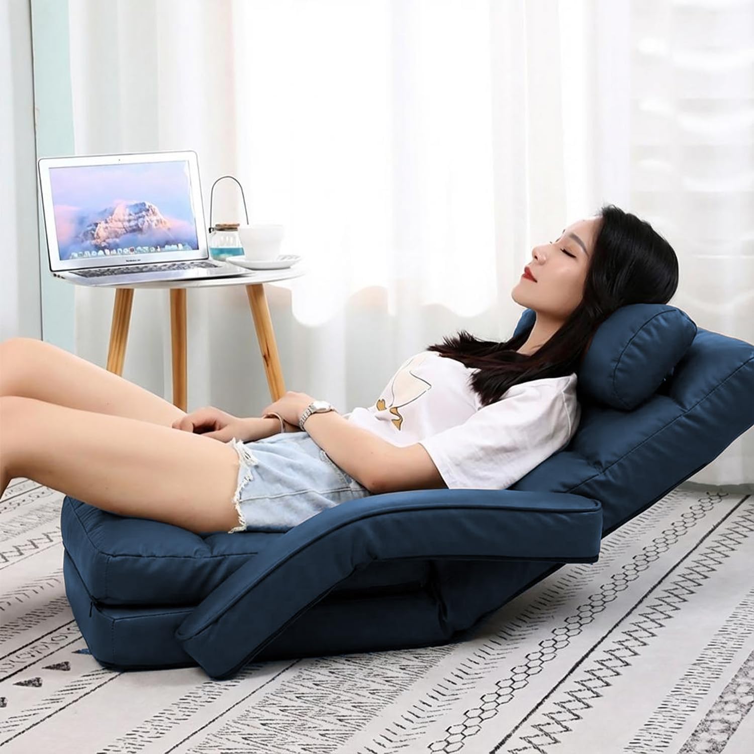 Floor Chair, Floor Gaming Chair with 14 Adjustable Position&Back Support, Folding Lounge Chair with Armrest for Adults, Lazy Sofa Lounger with Comfy Cushion for Living Room,Bedroom,PU,Blue