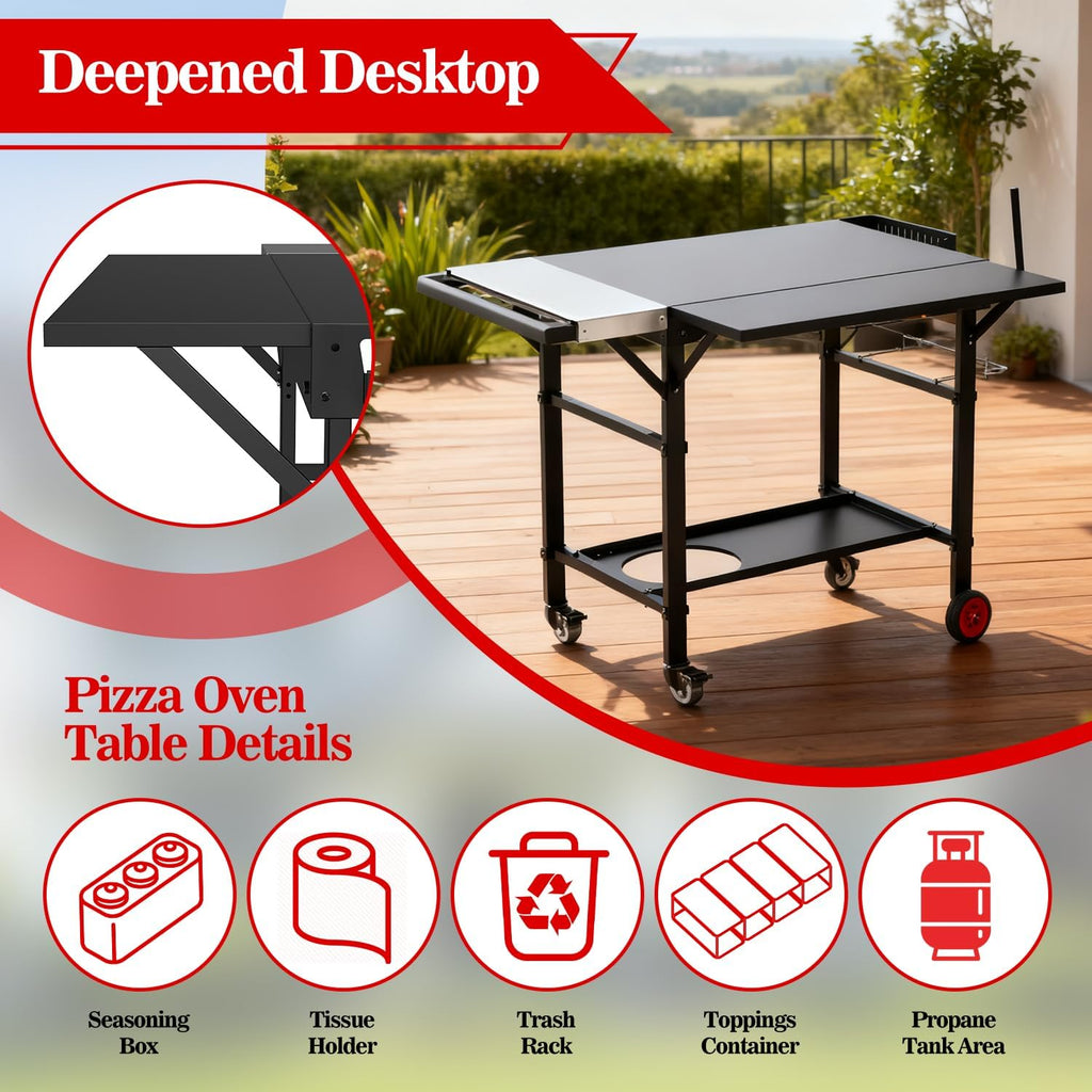 Grill Table for Pizza Ovens, Ninja Pizza Oven Table with Extendable Desk, Durable Outdoor Grill Cart Stand with Food Prep Topping Station for Patio, Backyard,43' L × 27' W