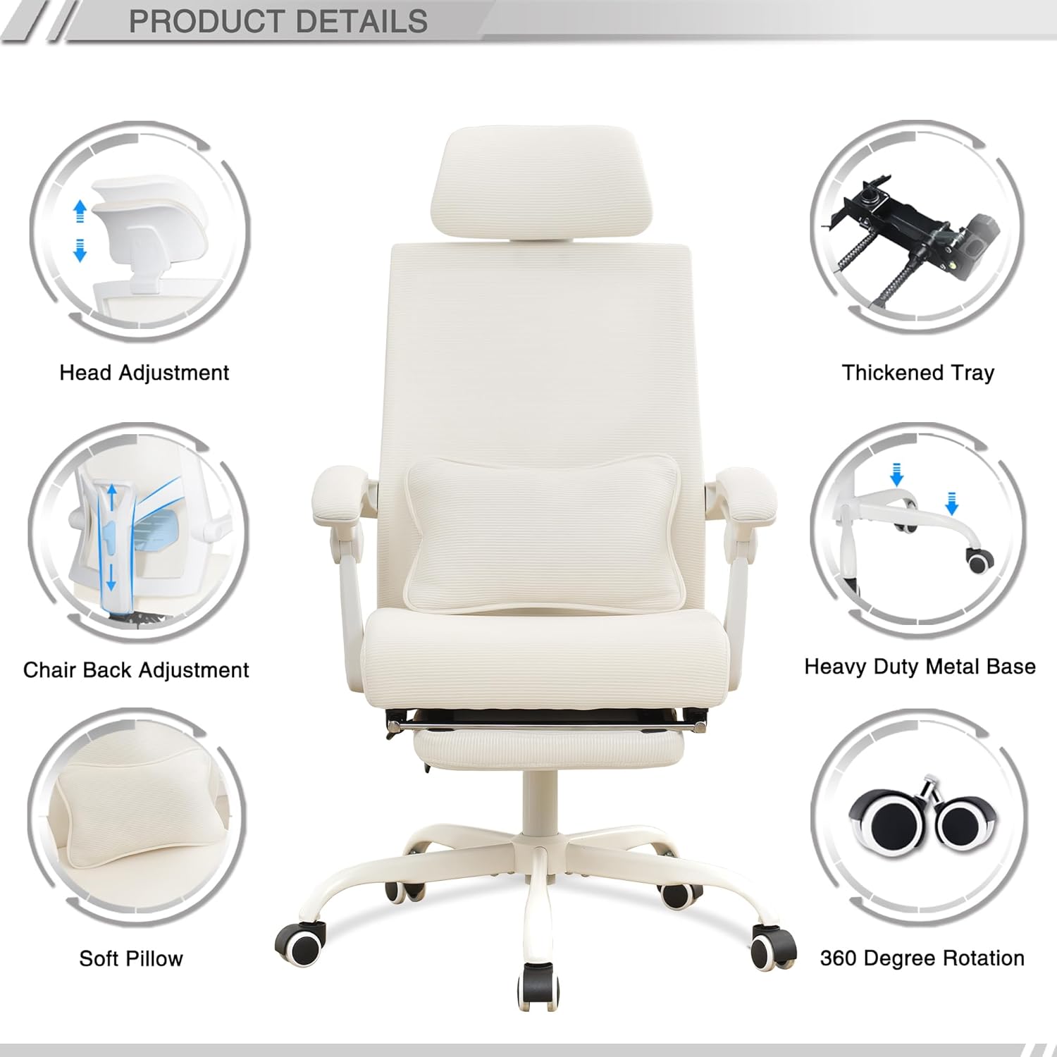 Qulomvs Ergonomic Office Chair with Footrest Home Office Desk Chair with Headrest and Backrest Adjustable Mesh Computer Desk Chair with Wheels 360 Swivel Task Chair