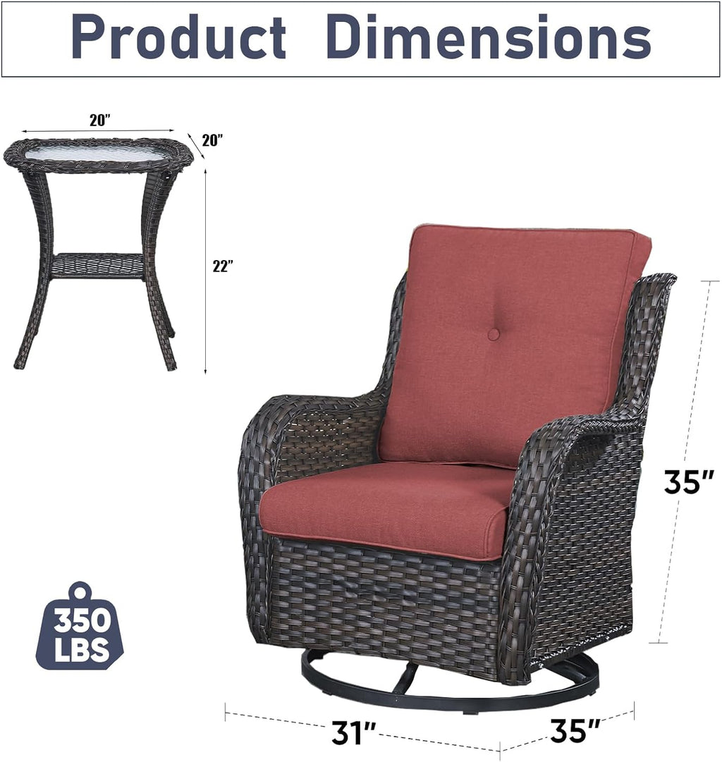 Luxury Wicker Swivel Patio Chairs Set of 3, Outdoor Swivel Rocking Chairs with Side Table, Outdoor Bistro Set for Patio, Porch, Yard, Deck, Poolside, Brown/Red