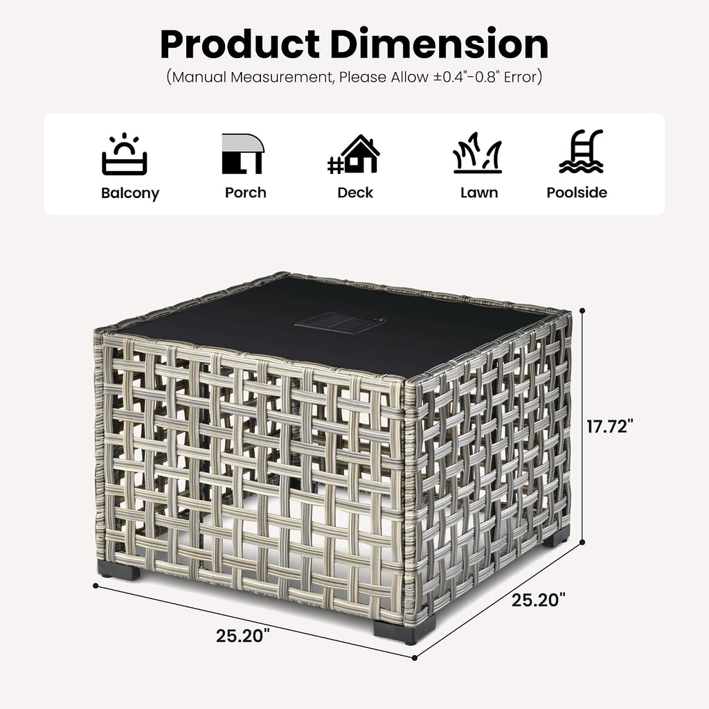 ovios Outdoor Side Table with Tempered Glass Top, Patio Wicker Rattan Solar Lights Tables for All-Weather Porch Deck Balcony Garden Poolside (Mixed Brown-Medium Size)