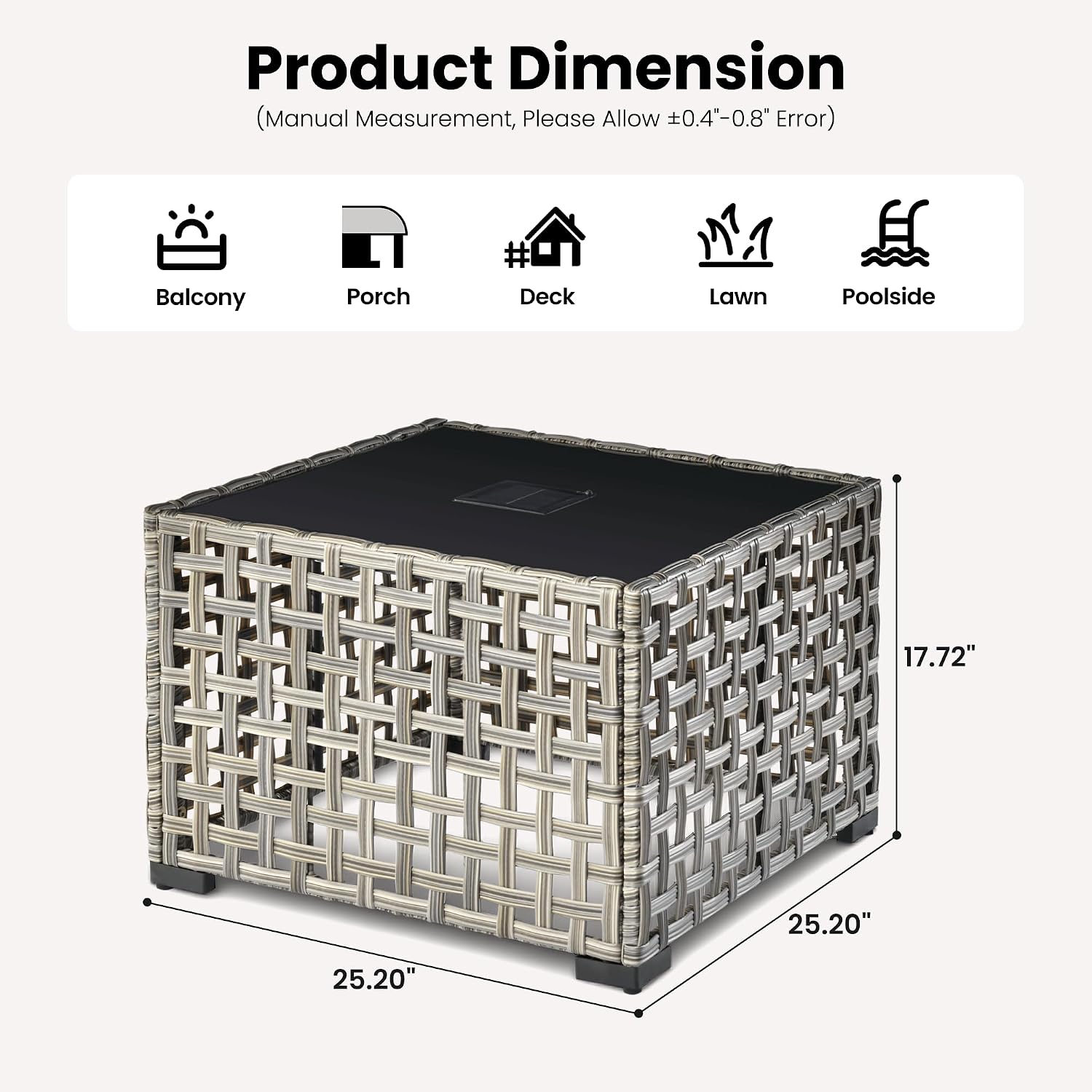 ovios Outdoor Side Table with Tempered Glass Top, Patio Wicker Rattan Solar Lights Tables for All-Weather Porch Deck Balcony Garden Poolside (Mixed Brown-Medium Size)