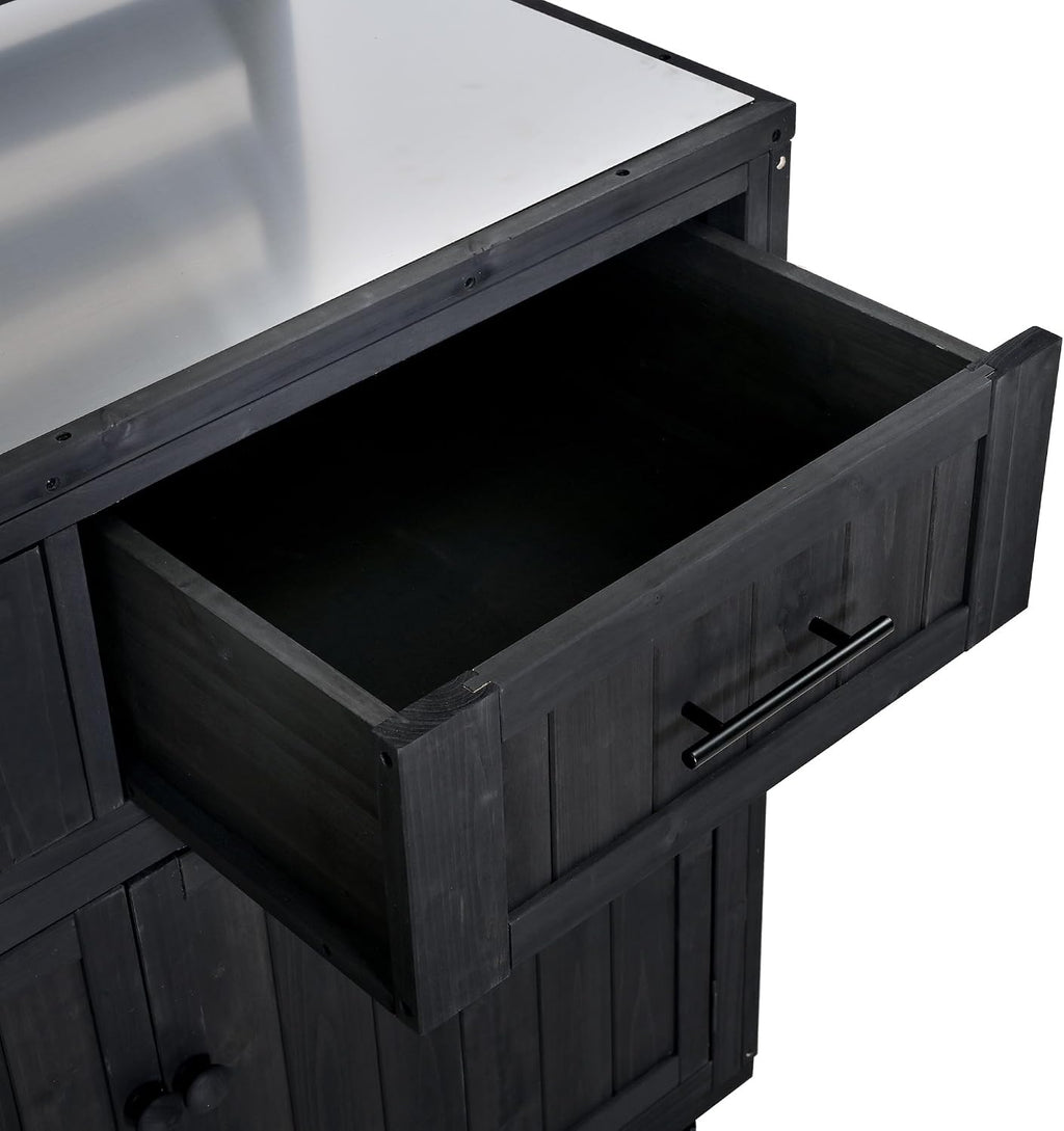 64.9'' H Large Patio Kitchen Island Solid Wood Kitchen Cart, Grill Prep BBQ Table, Garden Potting Bench with Stainless Table Top, 3 Movable Shelves and 2 Drawers (Black-64.9'')