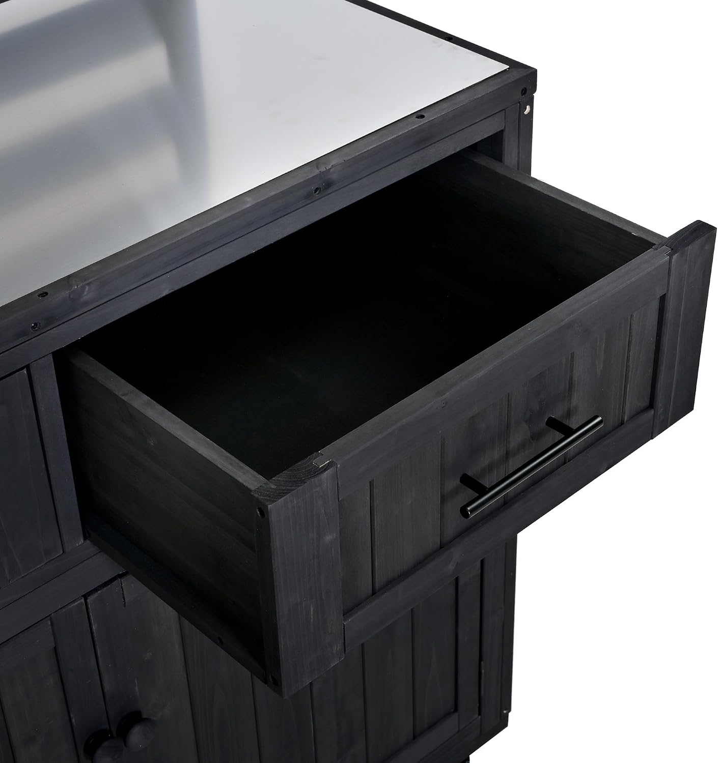 64.9'' H Large Patio Kitchen Island Solid Wood Kitchen Cart, Grill Prep BBQ Table, Garden Potting Bench with Stainless Table Top, 3 Movable Shelves and 2 Drawers (Black-64.9'')