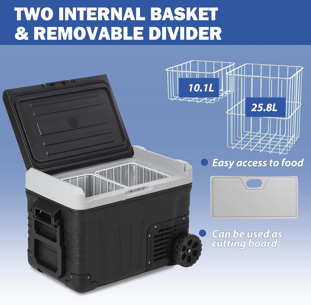 12 Volt Refrigerator, 37QT(35L) 12V Car Refrigerator, Portable Fridge Freezer Electric Cooler Dual Zone 12V/24V DC 110-240V AC, -4℉～68℉, Car Fridge with Wheels Baskets for Car, RV, Boat, Camping, Home