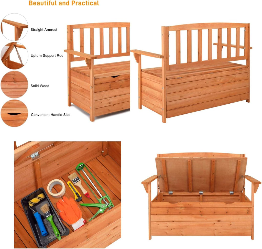 Cedar Wood Deck Box Bench, Storage Box with Backrest Armrest, All-Weather Yard Container Furniture for Tools, Toys, Outdoor Storage Bench Deck Box w/Seat for Backyard, Porch, Patio, Garden