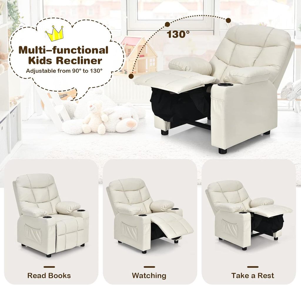 MAT EXPERT Kids Recliner, Leather Adjustable Reading Gaming Chair w/ 2 Cup Holder, 3 Side Pocket Storage & Footrest, Kids Couch Toddler Lounge Chair for Boys Girls, Kids Room Playroom Nursery (Beige)