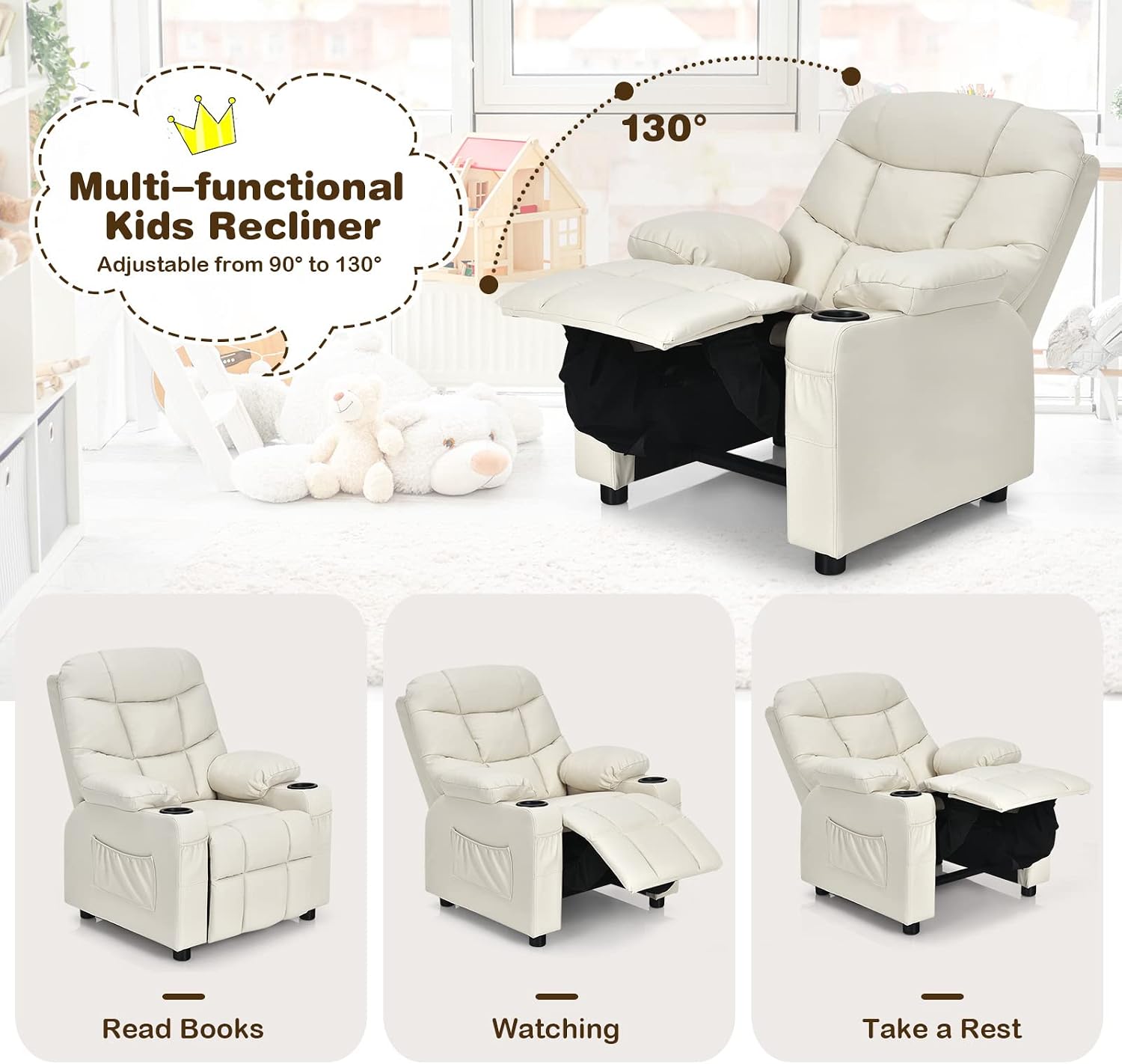 MAT EXPERT Kids Recliner, Leather Adjustable Reading Gaming Chair w/ 2 Cup Holder, 3 Side Pocket Storage & Footrest, Kids Couch Toddler Lounge Chair for Boys Girls, Kids Room Playroom Nursery (Beige)