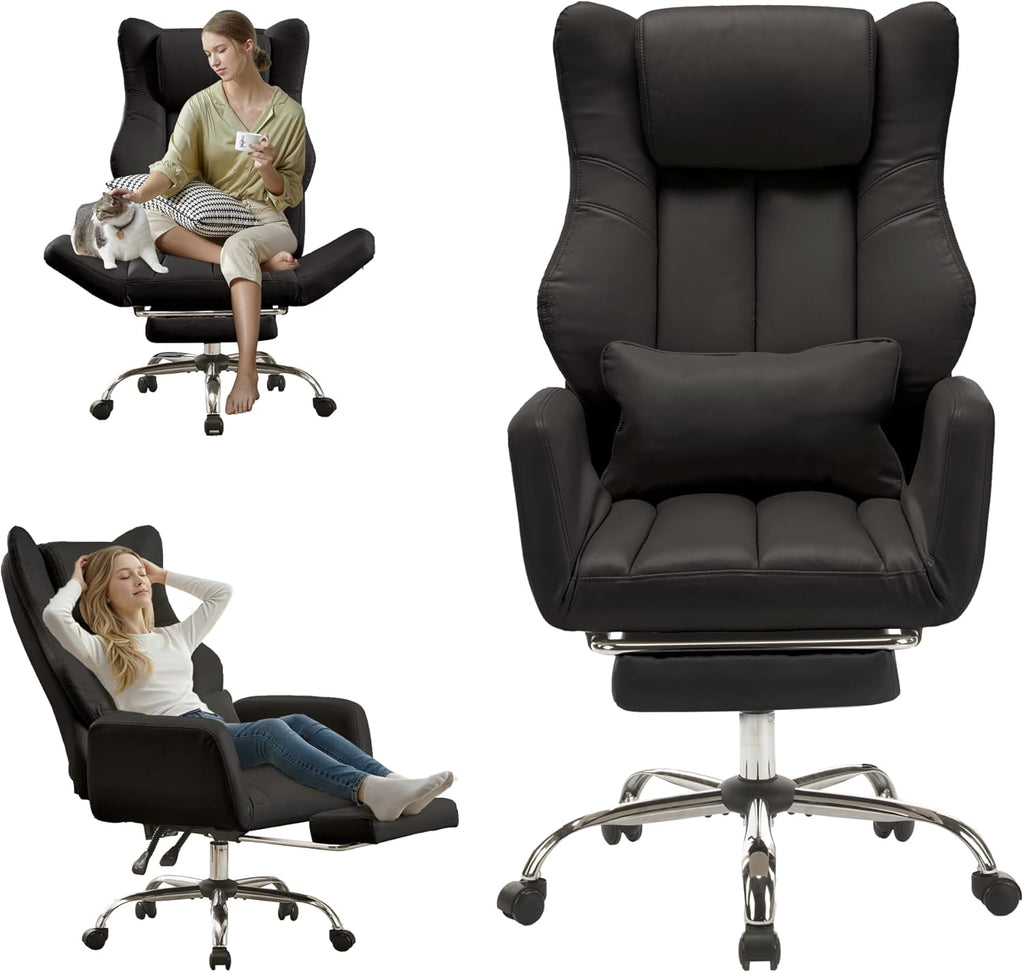 Ergonomic Cross Legged Office Chair with Footrest,Big and Tall Leather Executive Chair with Reversible Armrest,Lumbar Pillow and Wheels,155° Reclining Computer Wide Desk Chair for Home,Office (Black)