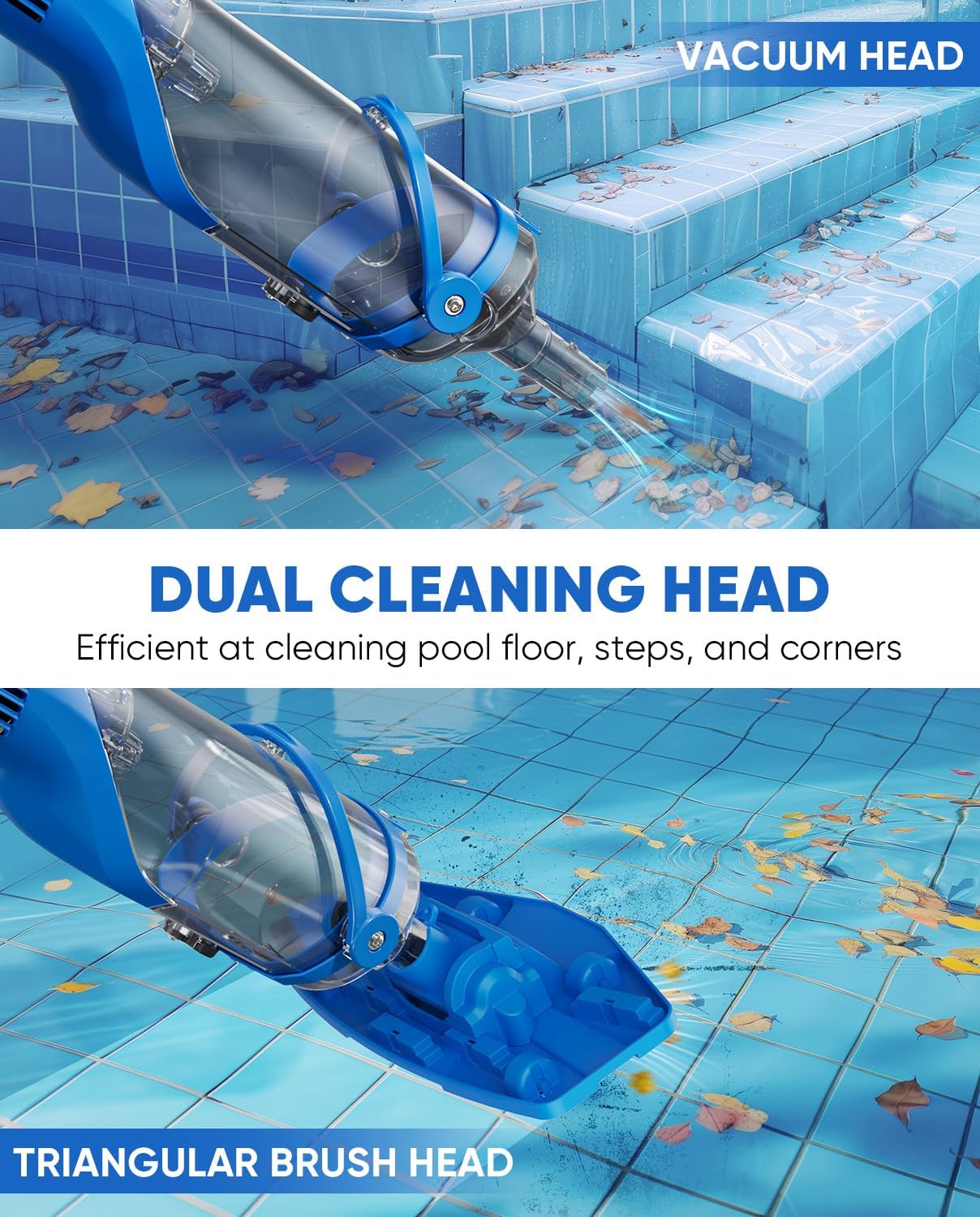Cordless Pool Vacuum with Telescopic Pole, 18.5 GPM Powerful Suction, 1.5H Supercharge Technology, Handheld Pool Vacuum Cleaner for Above Ground/Inground Pools, Hot Tubs, Blue