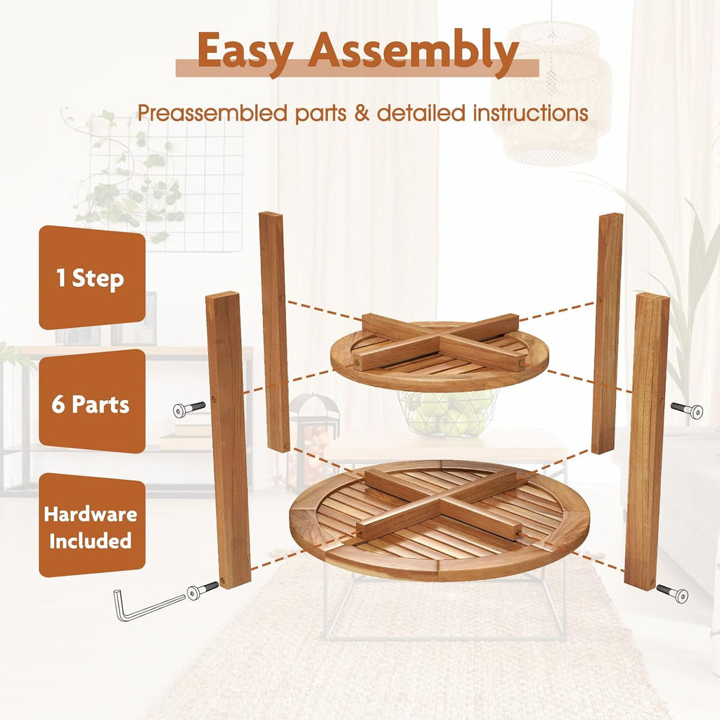 Tangkula Outdoor Round Side Table, 19.5 Inches Teak Wood Patio Table with Slatted Tabletop & Storage Shelf, 2-Tier Heavy Duty Small End Table for Backyard, Porch, Deck, Yard, Garden, Natural