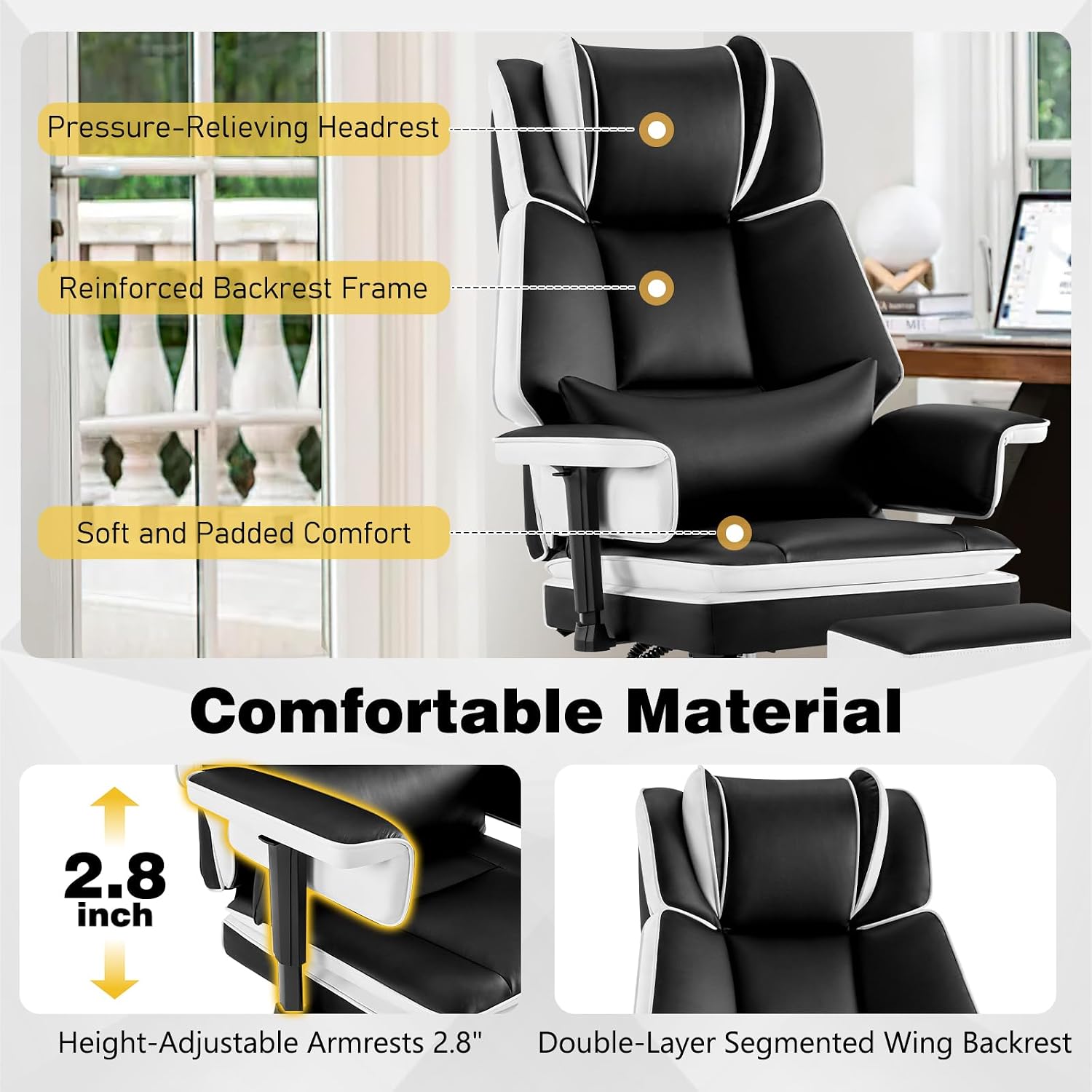 Heavy Duty Office Chair with Footrest High Back, PU Leather Office Chair with with Adjustable Lumbar Support, Reclining Computer Desk Chair with Adjustable Height, Adjustable Armrests, Black White