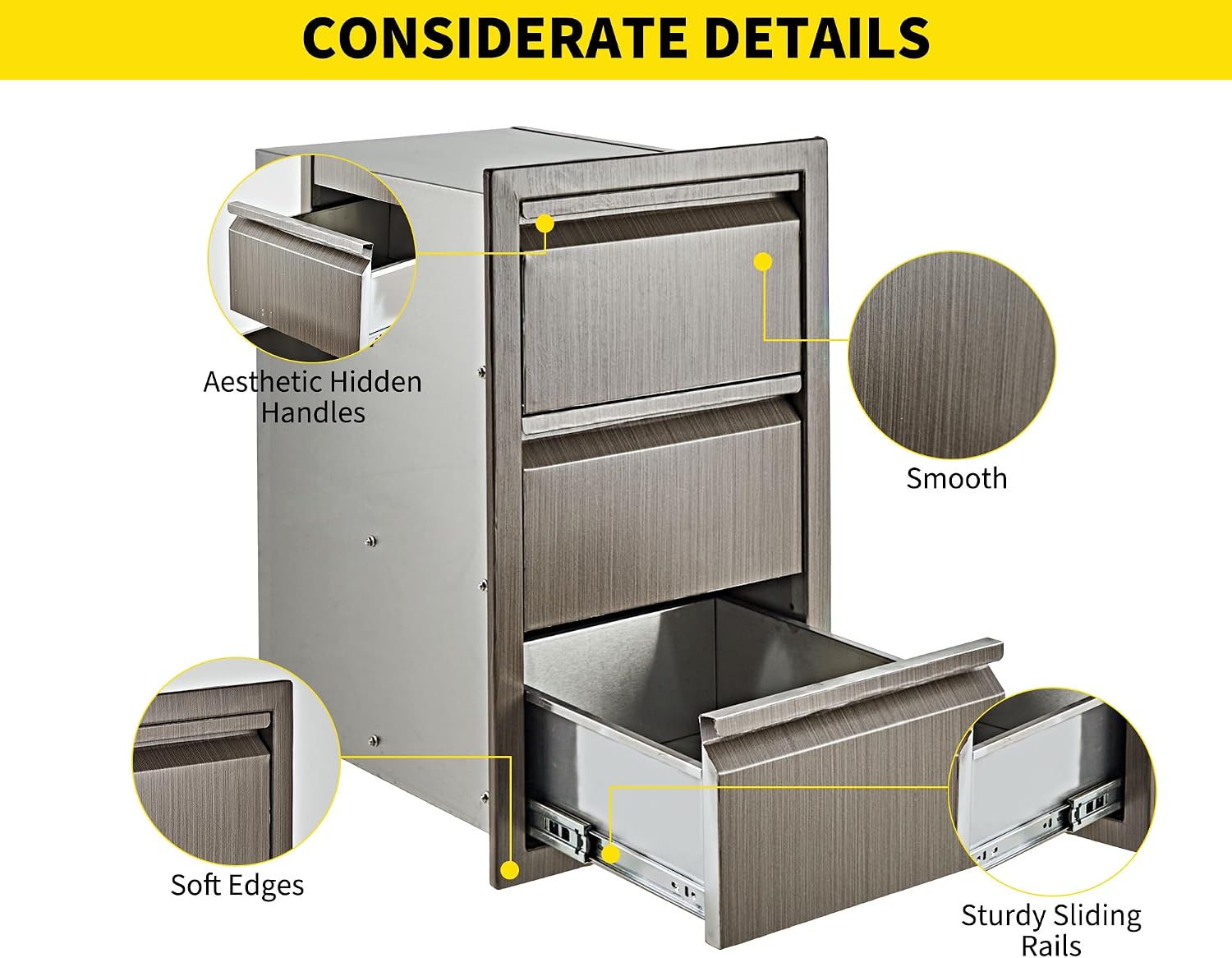 Outdoor Kitchen Cabinets Triple Kitchen Drawer for Outdoor Kitchen Island, 14.7' W Flush Mount Outdoor Cabinet for BBQ Grill Station, Heavy Duty Steel Cabinet for Outdoor Storage