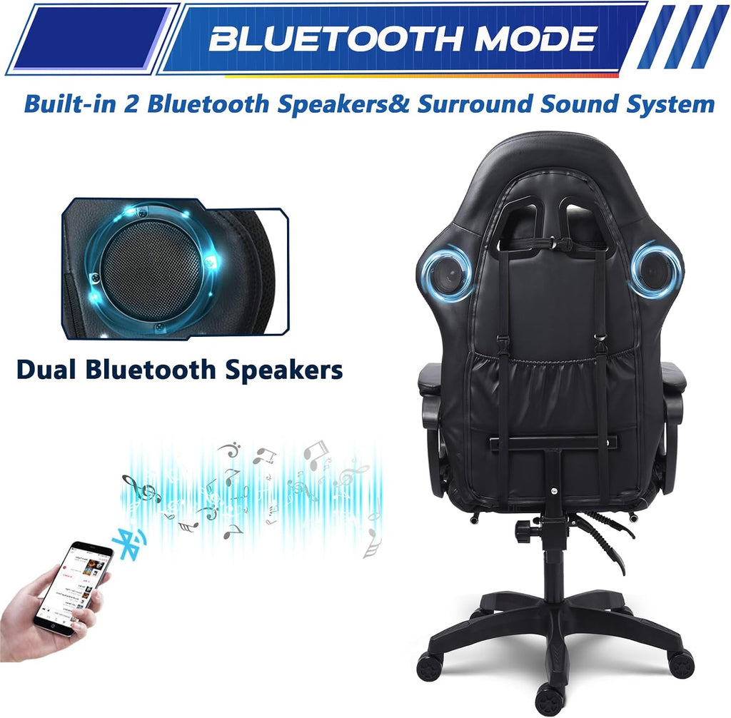 RGB Gaming Chair with Massage and Footrest Large Ergonomic Computer Desk Chair Video Gaming Chair with Speakers and Lumbar Support Height & Angles Adjustable Reclining Gamer Chair,Black