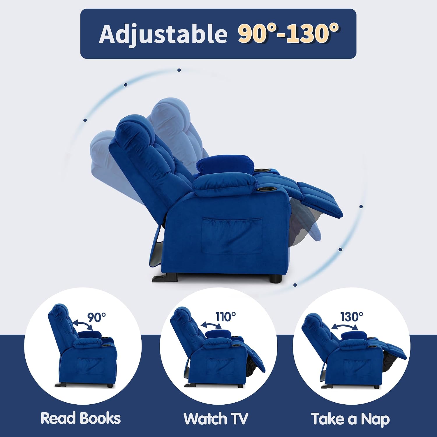 MCombo Big Kids Recliner for Ages 3+, Child Reclining Chair, Toddlers Recliner Sofa with Cup Holders (Velvet, Navy Blue)