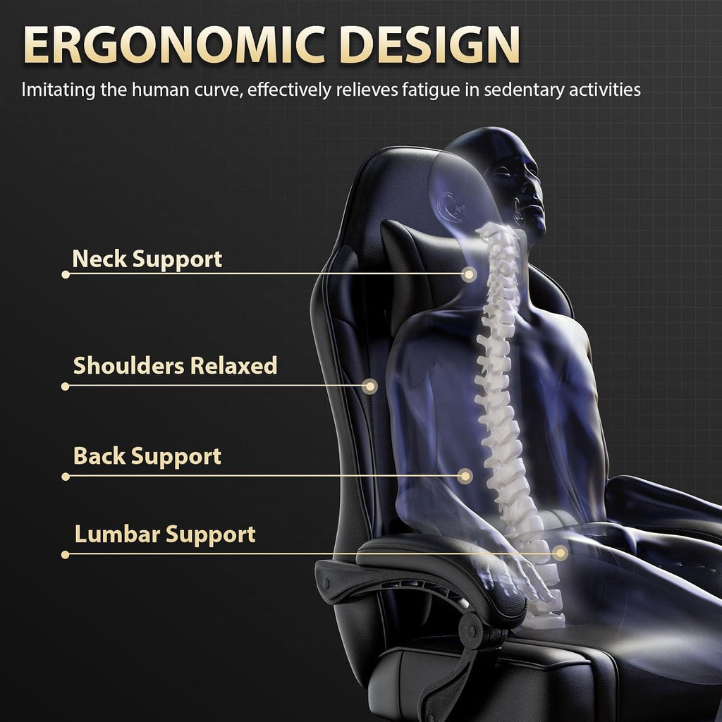 Ergonomic Gaming Chair, Video Game Chair with Pocket Spring Cushion and Footrest, Height Adjustable Computer Chair with Swivel Seat and Headrest (Black)