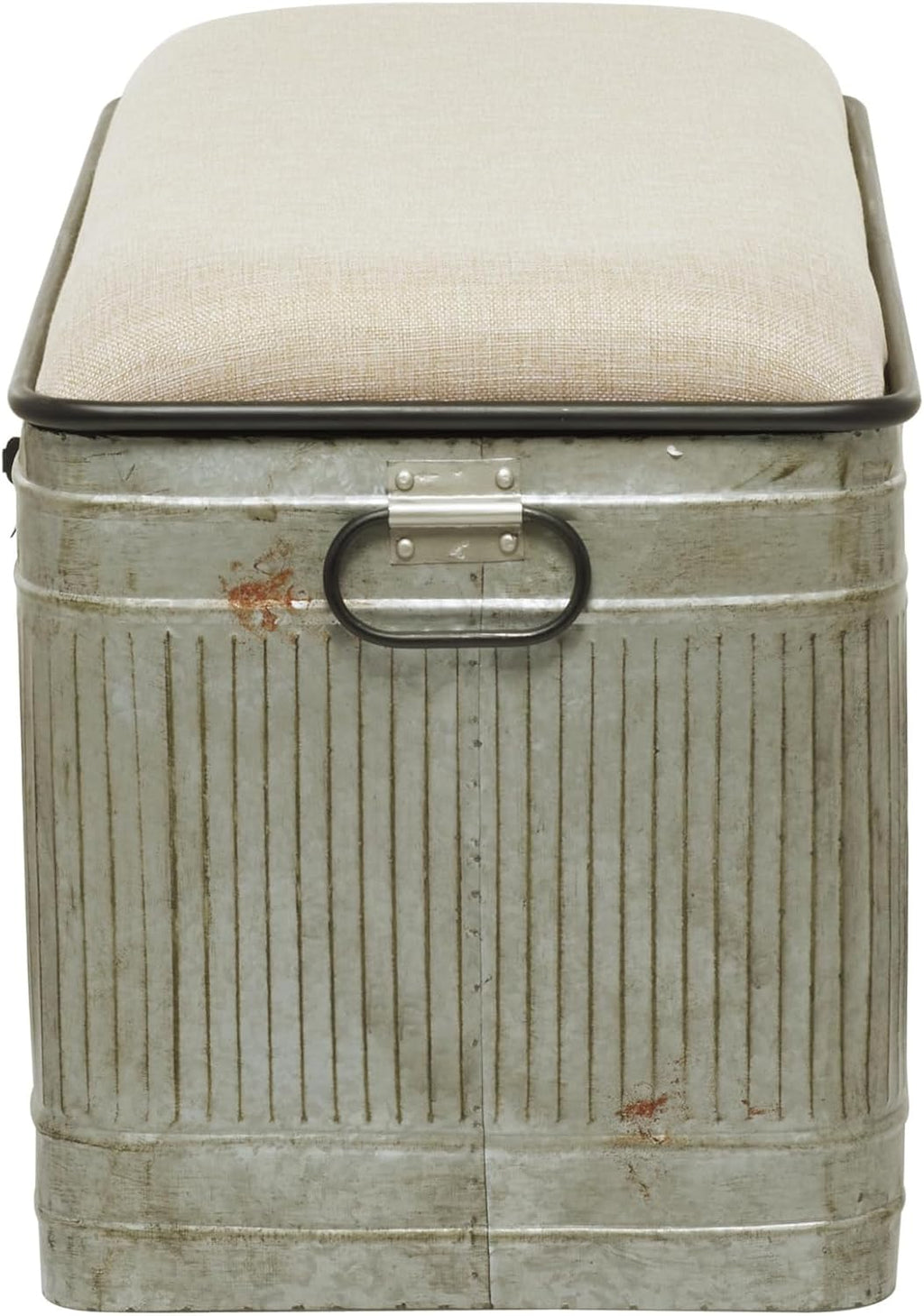 Deco 79 Metal Room Storage Bench Galvanized Entryway Bench with Cream Burlap Top and Black Latches, Bench 38' x 16' x 19', Gray