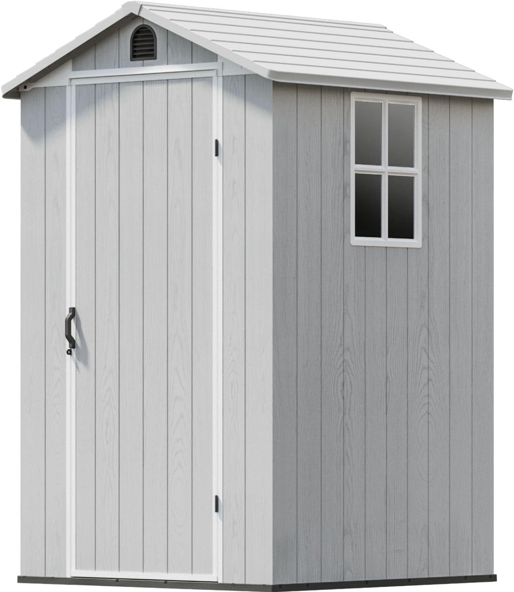 Patiowell 4 x 4 FT Plastic Outdoor Storage Shed with Floor, Garden Tool Shed with Two Windows and Single Lockable Door for Garden, Backyard, Lawn, Easy to Install, Light Grey
