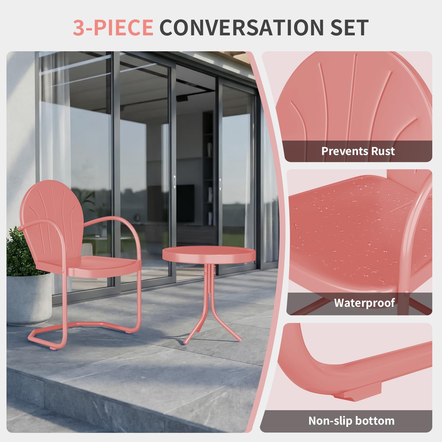 Patio Bistro Set Retro Metal Outdoor Seating Conversation 3 Pieces, 2 C-Spring Motion Armchairs and Round Side Table, for Porch, Lawn, Garden (Pink)