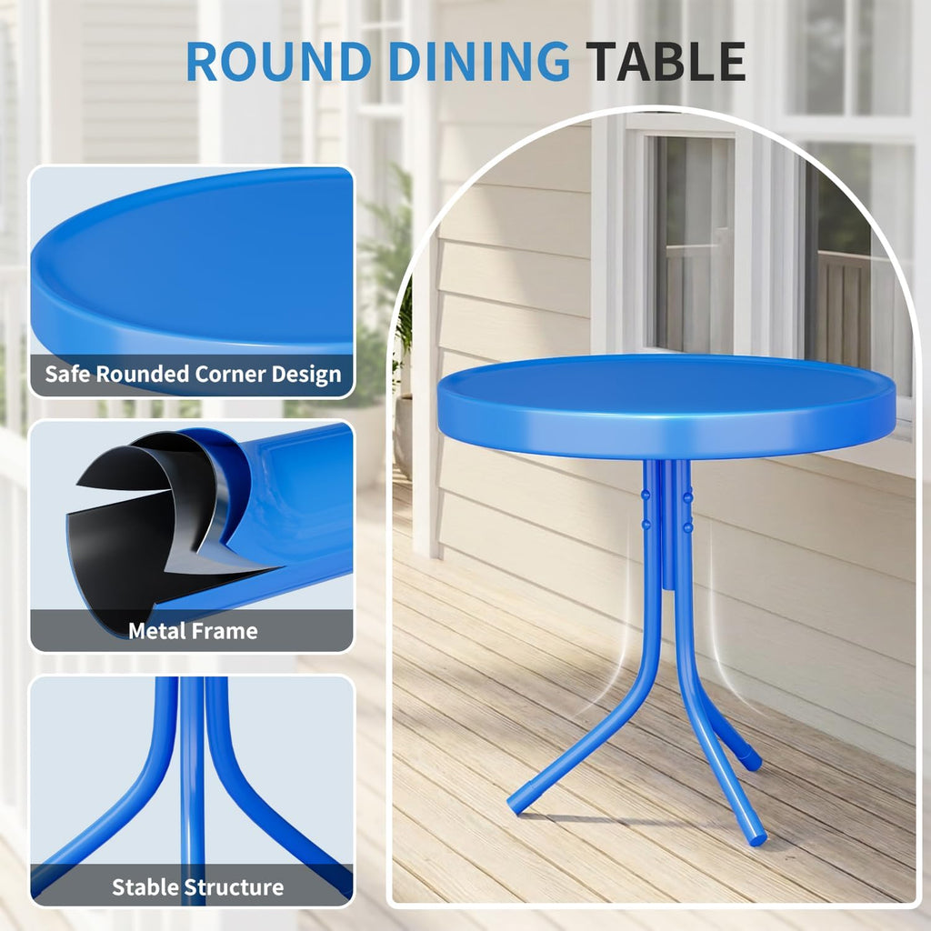 3 Pieces Patio Bistro Set, Retro Metal Outdoor Seating Conversation, 2 C-Spring Retro Metal Patio Chairs and Round Side Table, for Balcony, Yard, Garden (Blue)