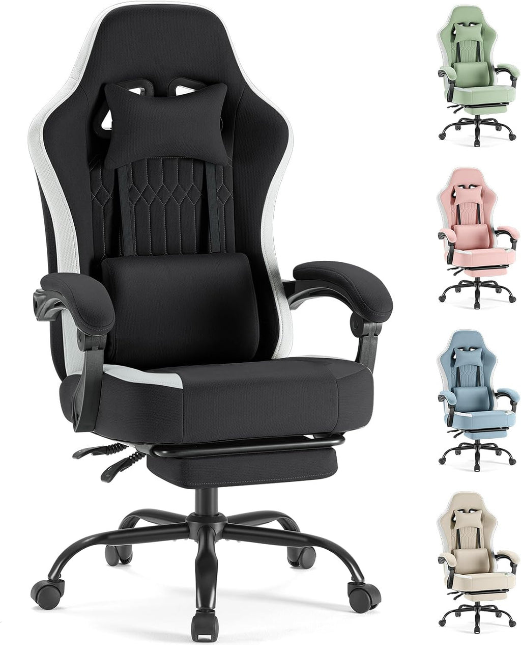 Sweetcrispy Computer Gaming Chair - Ergonomic Desk Chair with Footrest and Lumbar Support, High Back Height Adjustable Task Chair with Linkage Armrests and Headrest, 360° Swivel Wheels, Black