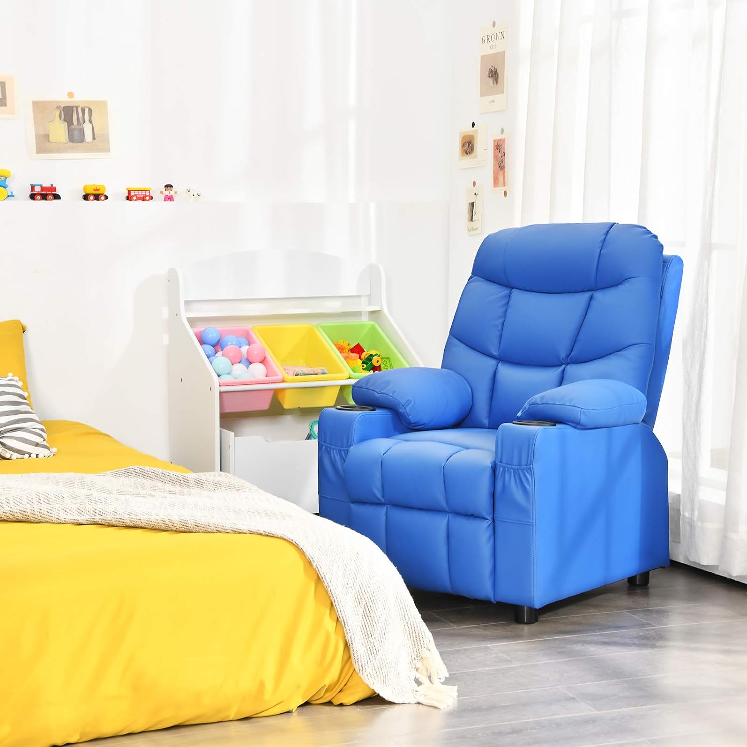 MAT EXPERT Kids Recliner, Leather Adjustable Reading Gaming Chair w/ 2 Cup Holder, 3 Side Pocket Storage & Footrest, Kids Couch Toddler Lounge Chair for Boys Girls, Kids Room Playroom Nursery (Blue)