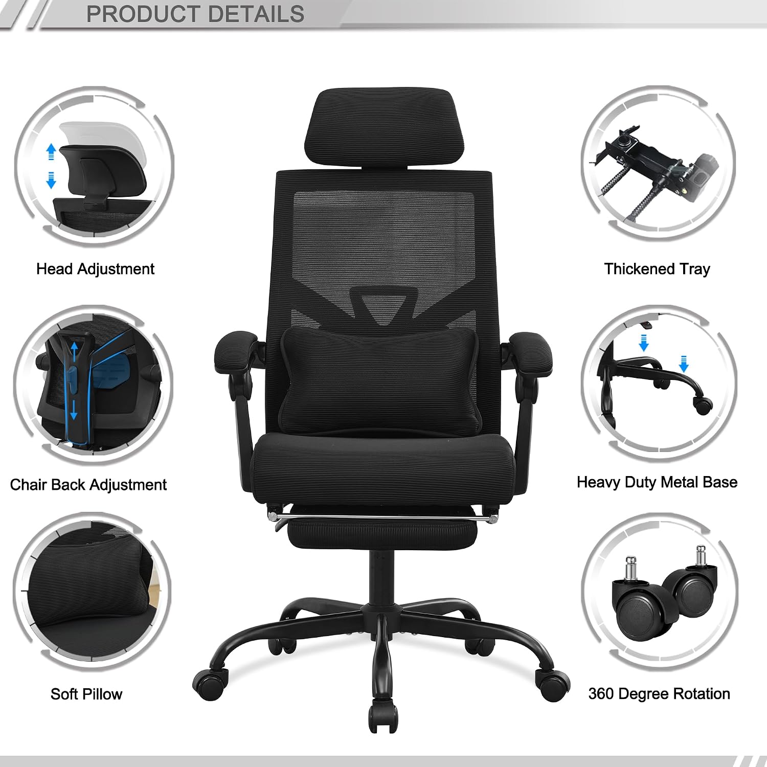 Qulomvs Ergonomic Office Chair with Footrest Home Office Desk Chair with Headrest and Backrest Adjustable Mesh Computer Desk Chair with Wheels 360 Swivel Task Chair