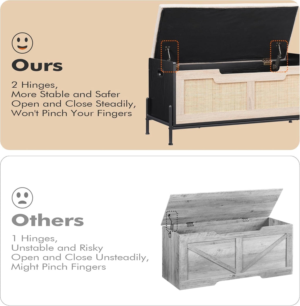 GAOMON 39.4' Storage Benches Rattan Entryway Bench with Cushion, 2 Safety Hinges, Storage Trunk, Shoe Bench Storage Chest for Entryway, Living Room, Bedroom, Oak & Black
