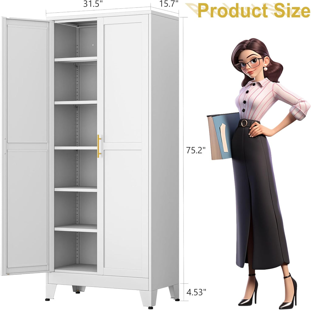 pozdeg 75' Tall Pantry Cabinet, Metal Kitchen Storage Cabinet with 2 Doors and 5 Adjustable Shelves, White Storage Cabinet Cupboard for Kitchen, Dining Room, Living Room and Bathroom (White)