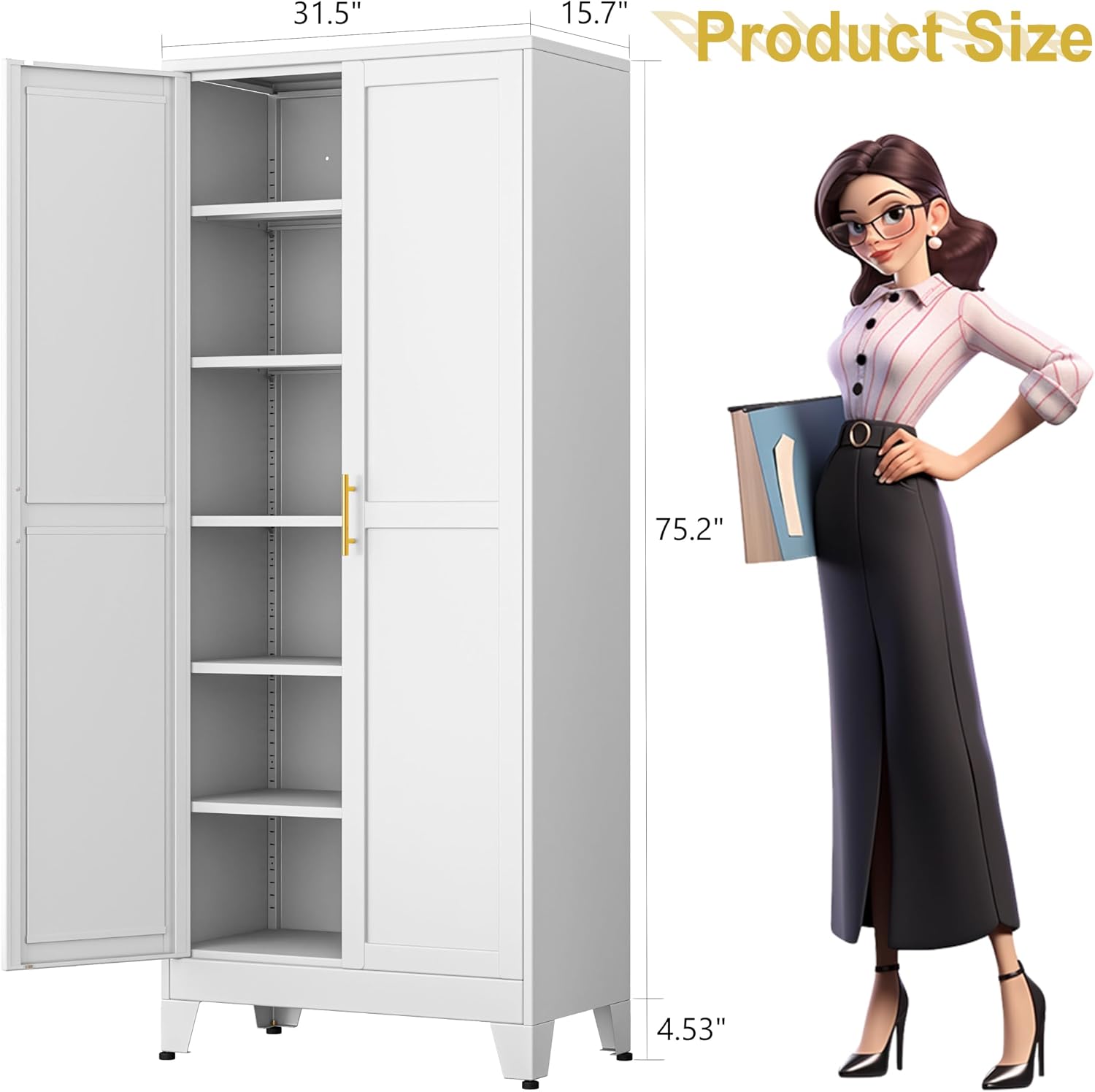 pozdeg 75' Tall Pantry Cabinet, Metal Kitchen Storage Cabinet with 2 Doors and 5 Adjustable Shelves, White Storage Cabinet Cupboard for Kitchen, Dining Room, Living Room and Bathroom (White)