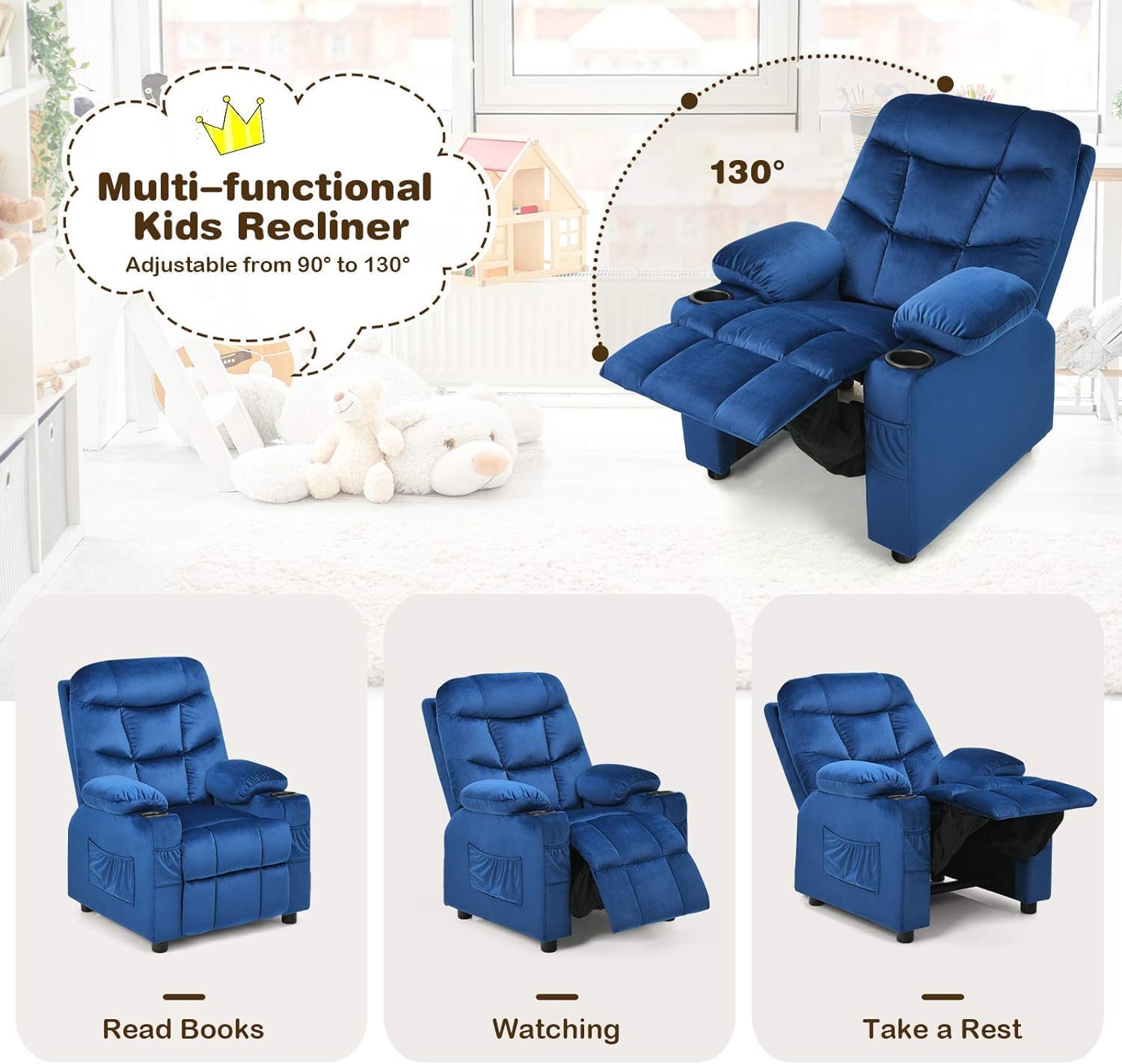 HOMGX Children's Recliner Chair, Velvet Material, Leisure Lounge Chair w/Side Pockets and Footrests, Ergonomically Adjustable Sofa Furniture, Suitable for Living Room (Blue)