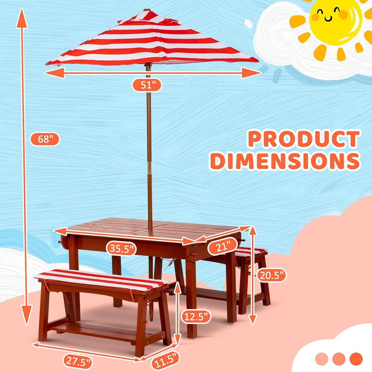 BRINJOY Kids Picnic Table with Umbrella, Outdoor Wooden Table & Bench Set w/Cushions & 2 Removable Boxes, 4-in-1 Children Sand and Water Table Activities Furniture for Patio, Garden, Indoor Outdoor